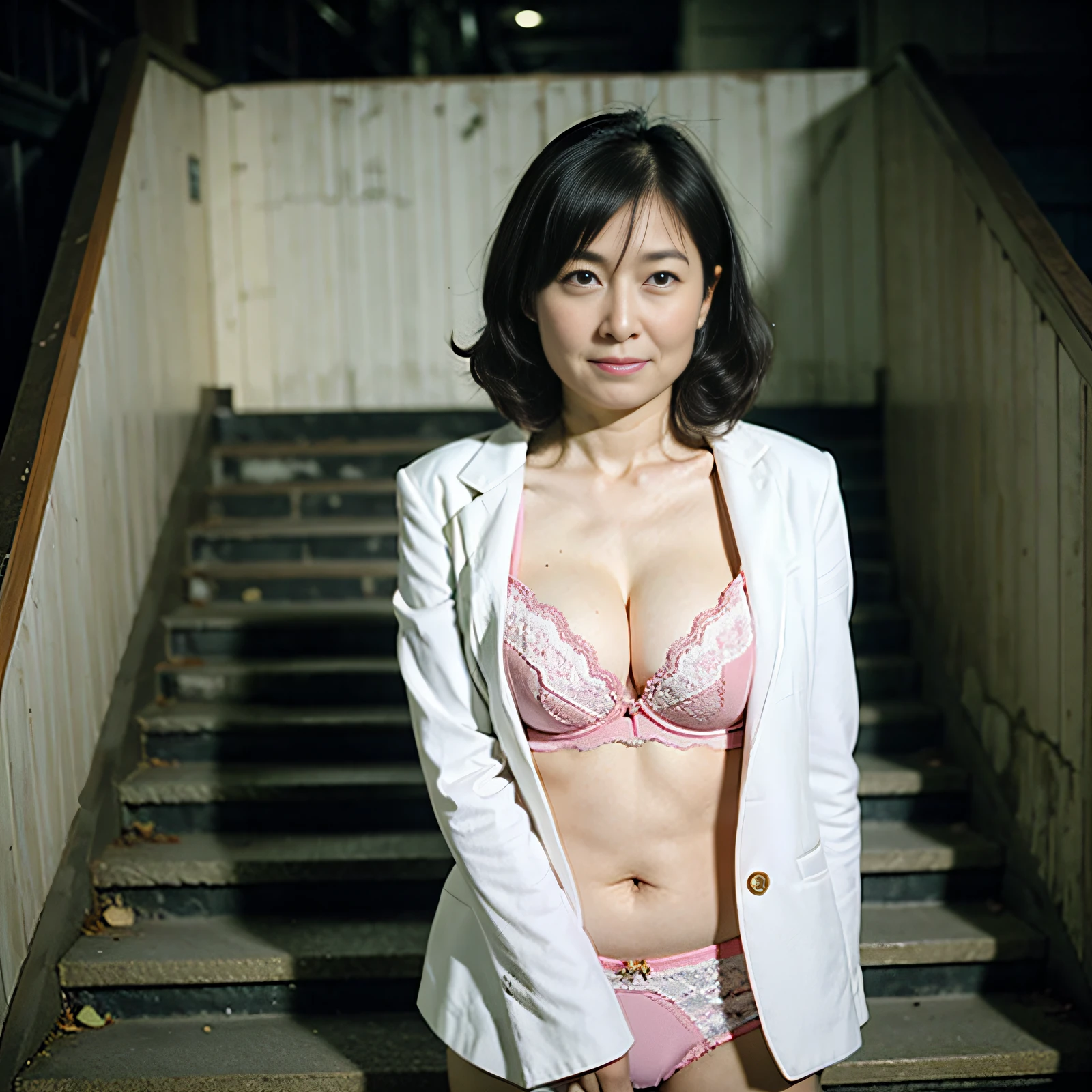 ((top-quality、8K分辨率、Master masterpiece、Portrait:1.3)), Photorealsitic, tissue, 35㎜ film, 1 Japan Woman, Beautie, 47 years old, Wavy Hair, Wrinkles at the corners of the eyes, Plump body, ((bra very、panties on :1.5)) , (Business suits: 1.3), Dirty stairs, dark backgrounds