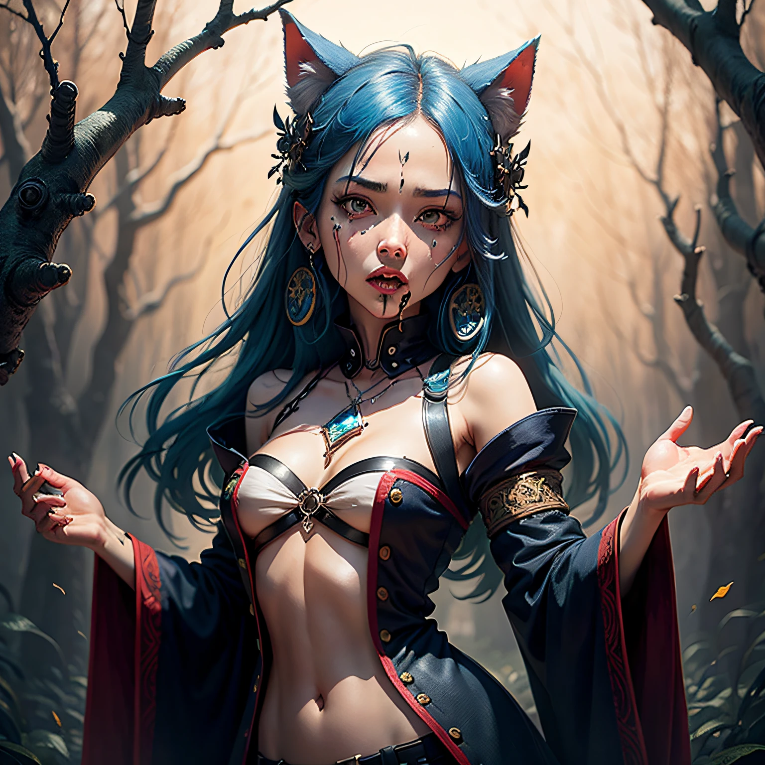 blue hair, jeweled branch of hourai, crazy eyes, kemonomimi mode, saliva trail, Gothic art, textured skin, high details, high quality, anatomically correct --auto