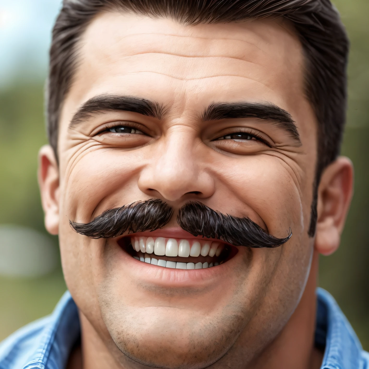 retrato frontal de um homem de 50 anos com Bigode extravagante, Ele tem um bigode espesso e cheio de curvas, que se destaca em seu rosto. Pode ser um bigode estilo "guiador" ou "guiador" that catches everyone's attention, Sobrancelhas Arqueadas, His eyebrows are naturally arched, giving him an expression of constant surprise, They are thick and seem to have a life of their own, adding a comedic touch to your face, Olhos saltados, Their eyes are large and seem to jump out of their sockets, They have an exaggerated and shiny appearance, como se estivessem sempre prontos para surpreender ou se impressionar com algo, Nariz proeminente, His nose is large and has a peculiar shape, seja com uma ponta arredondada ou curvada, He is the center point of your face, adding a fun and unmistakable element to your appearance, queixo quadrado, His chin is wide and square, giving it a robust and funny look, Ele se destaca em seu rosto, completando a caricatura de um divertido thiozon, Rugas exageradas, Ele tem rugas profundas e exageradas, especialmente ao redor dos olhos e boca, These wrinkles stand out on your face and emphasize your relaxation, personalidade bem-humorada, sorriso contagiante, His smile is wide and endearing, Ele tem dentes grandes e talvez um pouco desalinhados, But this only adds to the charm of your smile and makes everyone around you smile together, --no glasses --ar 16:9 -- s 750 --auto
