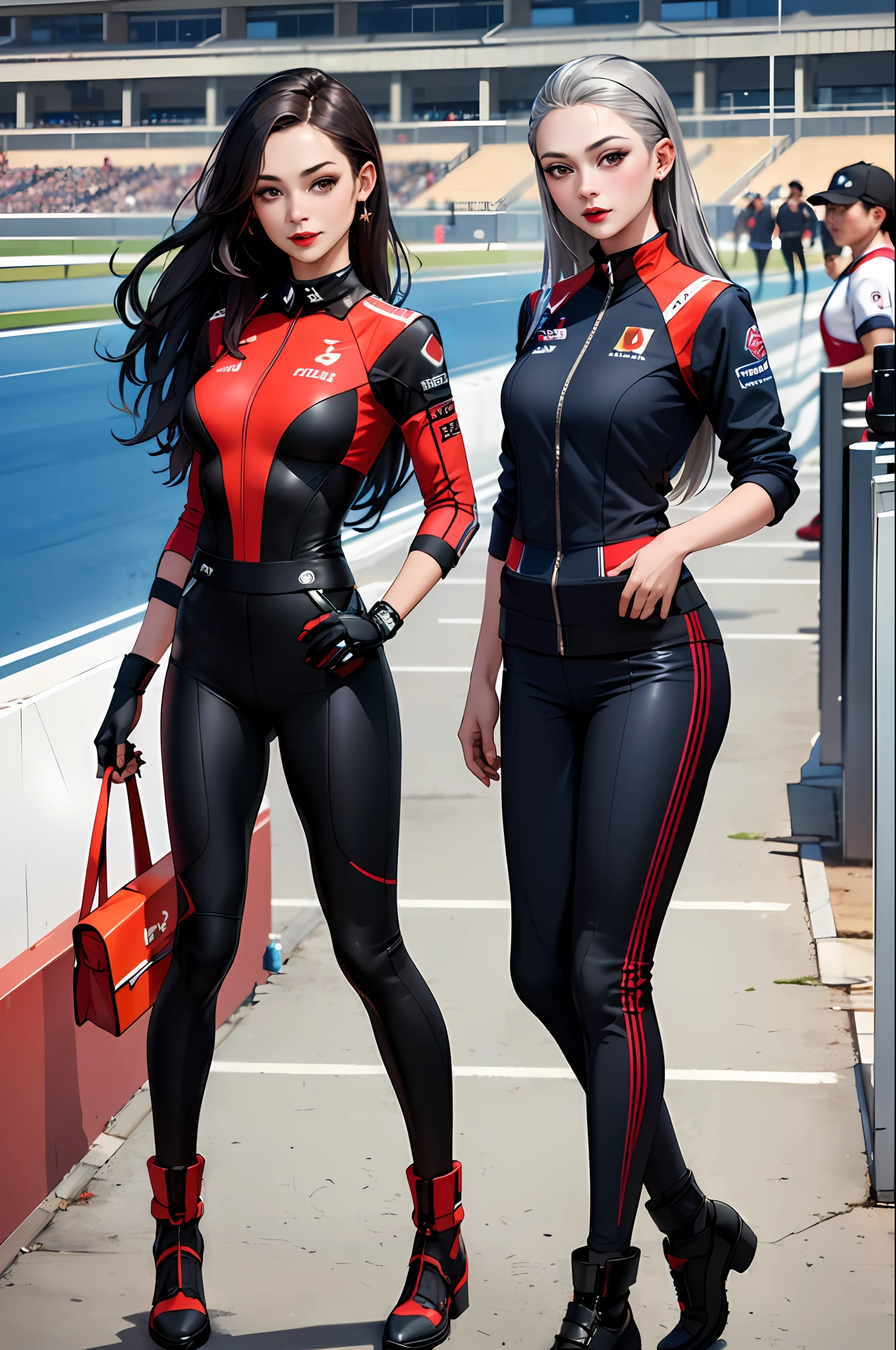 (masterpiece:1.4)、(top-quality:1.4)、
1girl in, Bewitching Grid Girl, Long silver hair, looking at the viewers, 独奏 ,realisitic,(shinny skin),(masterpiece:1.4),(top-quality:1.4),red-lips、Racetrack