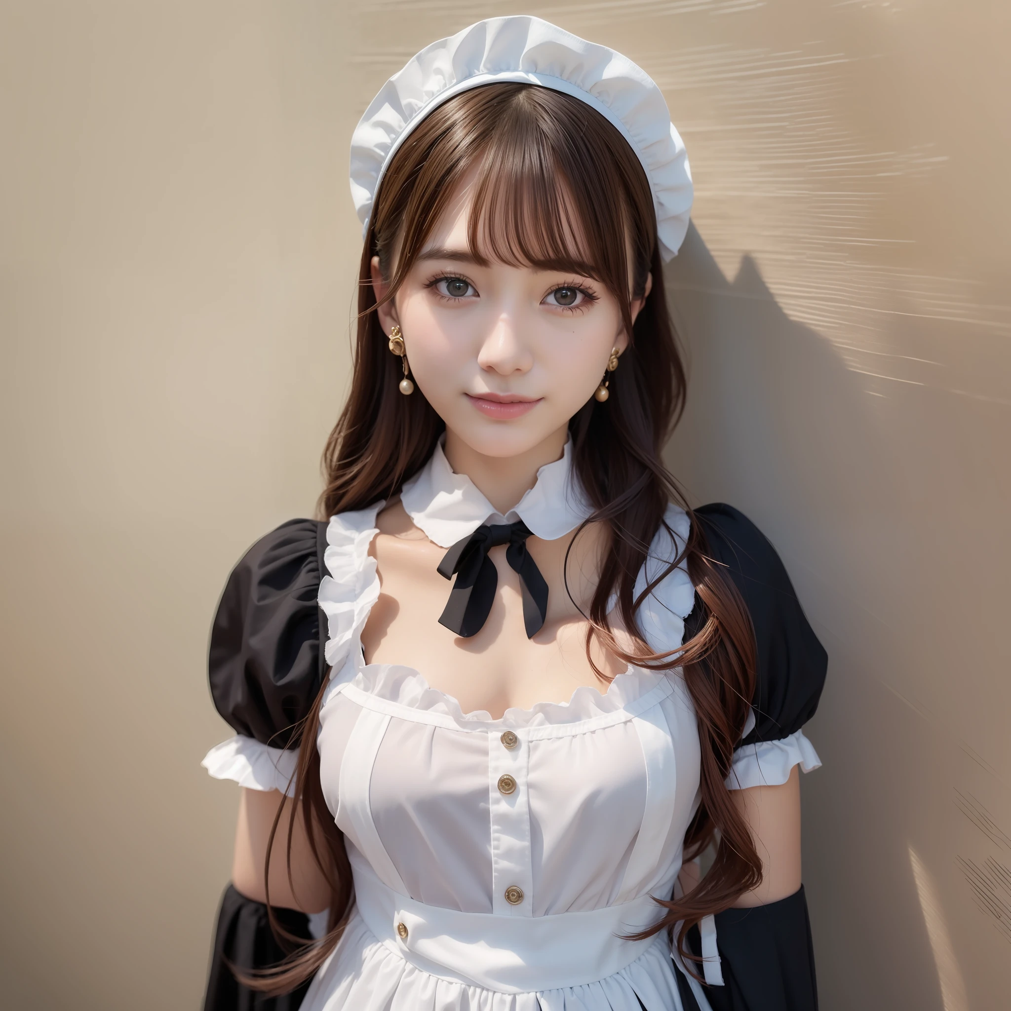 Top Quality, Ultra High Resolution, (Photorealistic: 1.4), Close Up, 1 Girl, (ulzzang-6500:1.0), (Complex Maid Outfit: 1.0), Black Hair, Complex Earrings, Nude, Smile, Upper Body, Accentuate Chest, No Hair Ornaments