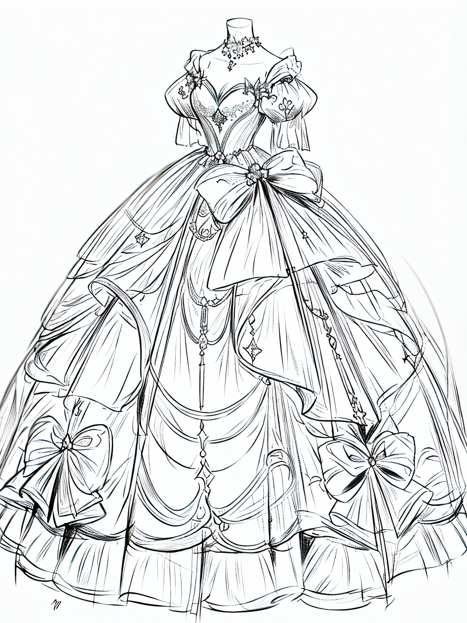 Black line, monochrome, white background, (simple background: 1.2), pencil drawing, a close-up of a dress with a bow on a mannequin, magical dress, royal dress, fantasy dress, detailed dress, very detailed and rich clothing, detailed fashion illustration, dressed beautiful gown,