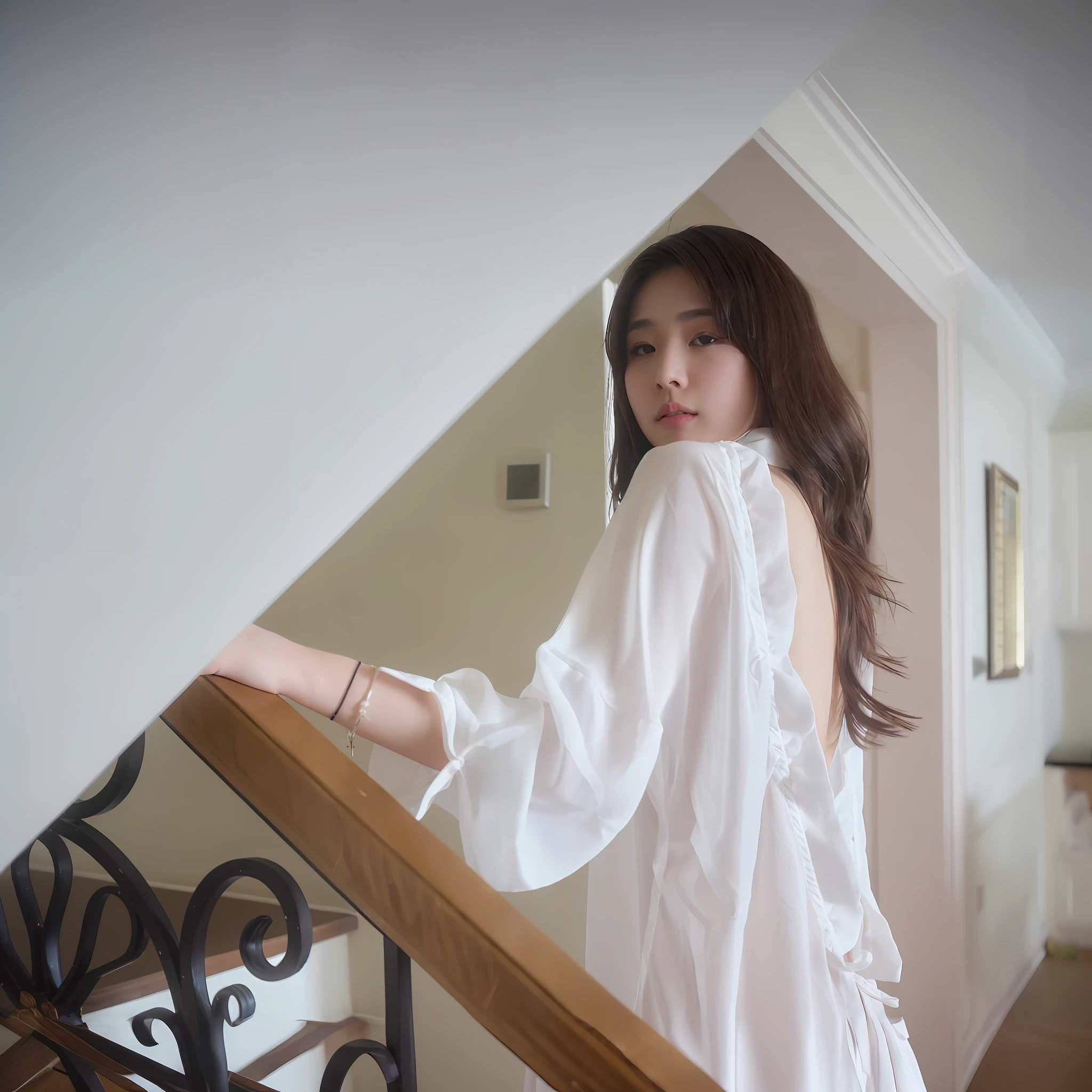 An Araki woman in a white shirt stands on a staircase railing, wearing white clothes, wearing white silk robe, a beautiful woman in white aodai, Airy, komono, White clothes, Wearing white silk, sakimichan hdri, Gorgeous young Korean woman, Beautiful young Korean woman, posterior view, wearing long white togas, in white room, flowing white robe