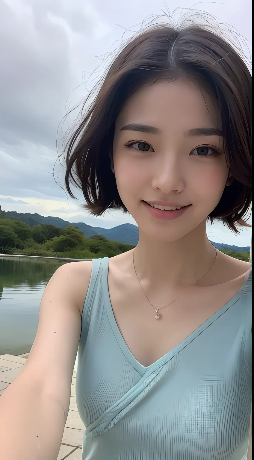 ((top-quality、​masterpiece:1.3))、foco nítido:1.2、(realisitic、Photorealsitic:1.37)、perfect beautiful female、Highly detailed facial and skin texture、Detailed eyes and double eyelids、ssmile、Short-cut hair that gets wet、Petite bust、Small necklace、Sleeveless shirt that gets wet、Sea rain、Heavy rain in the afternoon、A black々rain cloud、Very heavy rain、