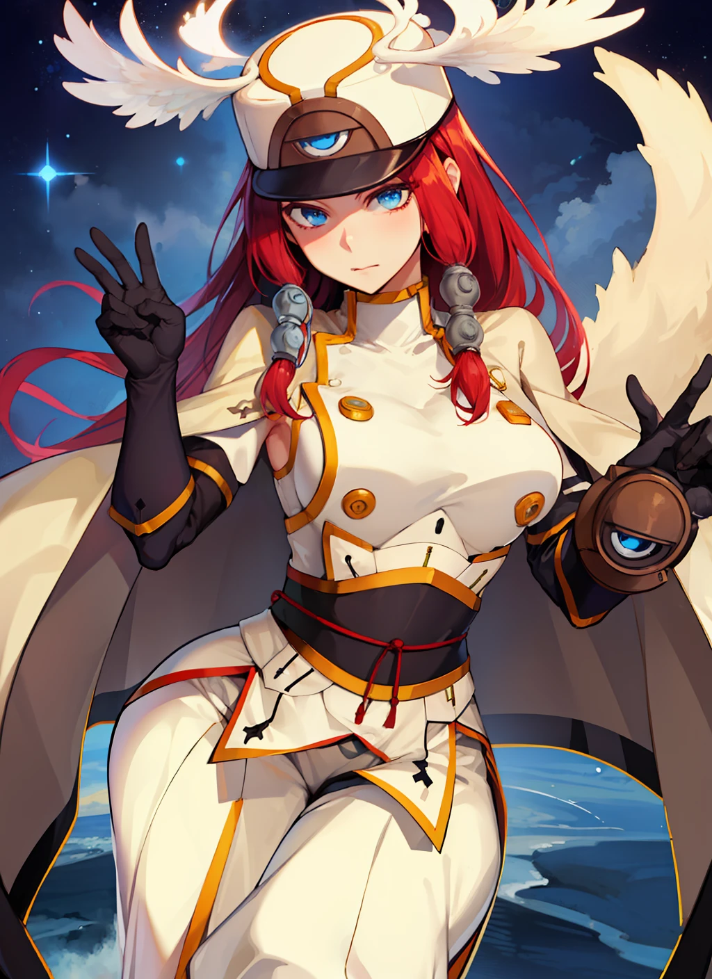 (((masterpiece, best quality, high resolution))),soft lighting, 1girl, tsubakims, hair tubes, hat, gloves, uniform, cape, military uniform, head wings, blazblue, Tsubaki yayoi, sexy pose, heavy outline