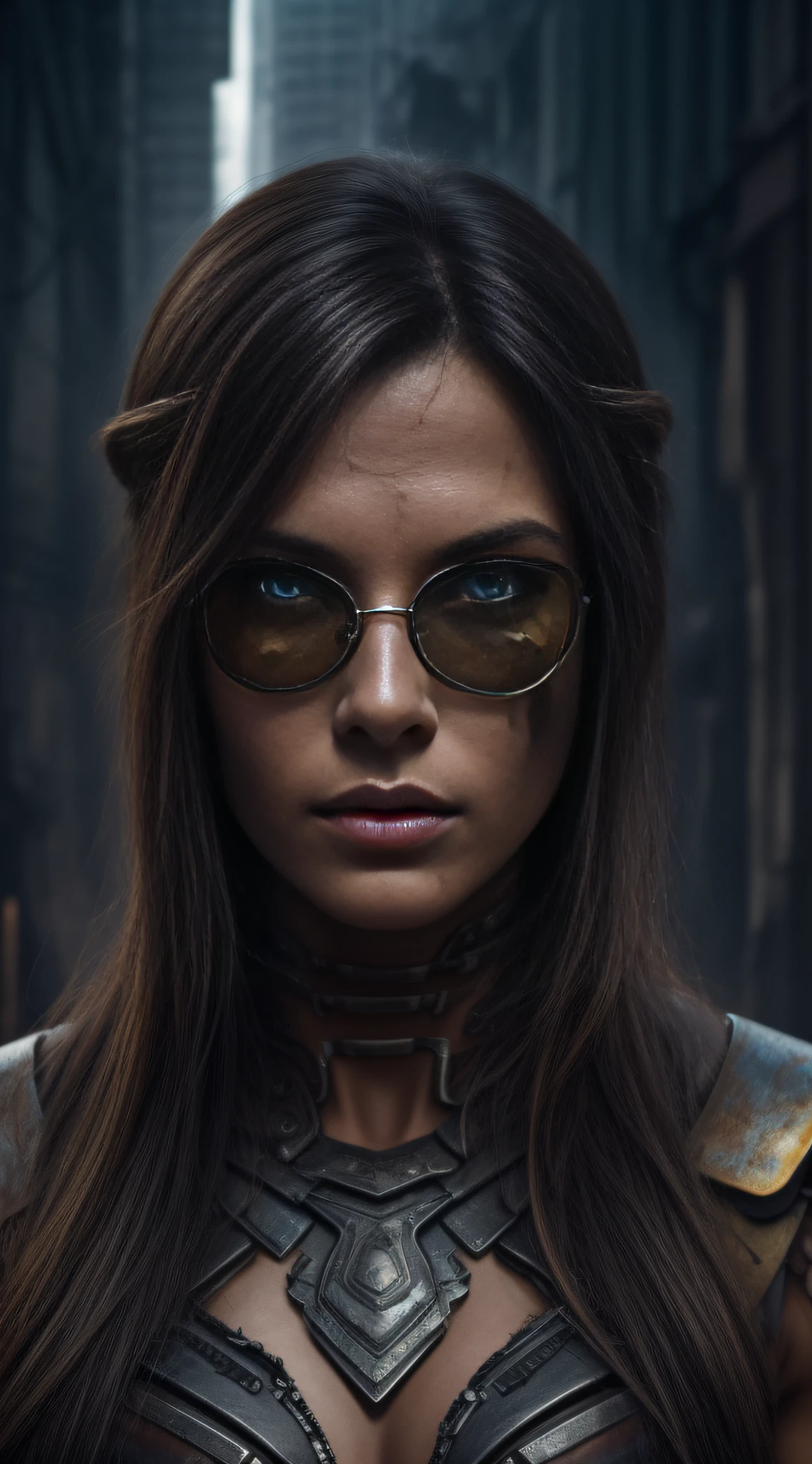 a hyper realistic ultra detailed photograph of a futuristic beautiful barbarian woman wearing sunglasses at a dystopian city, tattered outfit with rusty metal armor plates, long wild hair, tattooed hands and body, fashion pose, detailed symmetric beautiful hazel eyes, detailed gorgeous face, apocalyptic environment, exquisite detail