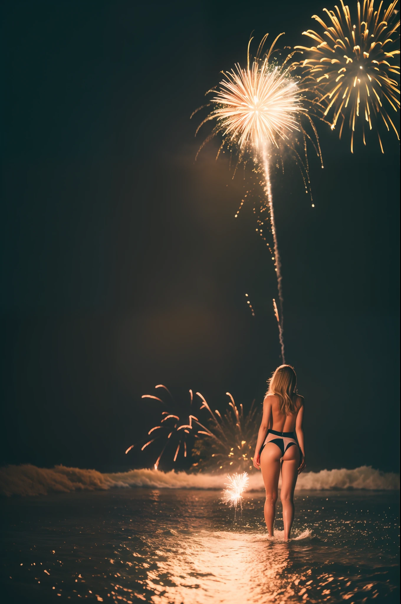 Beach great fireworks,  ass, gyaru, dark-skinned, (shiny oiled skin:1.2), colorful fog, colorful flower, Colorful rocks, sony a7, film gain, a dark night, Cinematic lighting, Photorealistic, 32K, diffuse reflection, colorful shiny particles, colorful water splash, sharpness, Big wave, Lens Flare, sharp reflection light