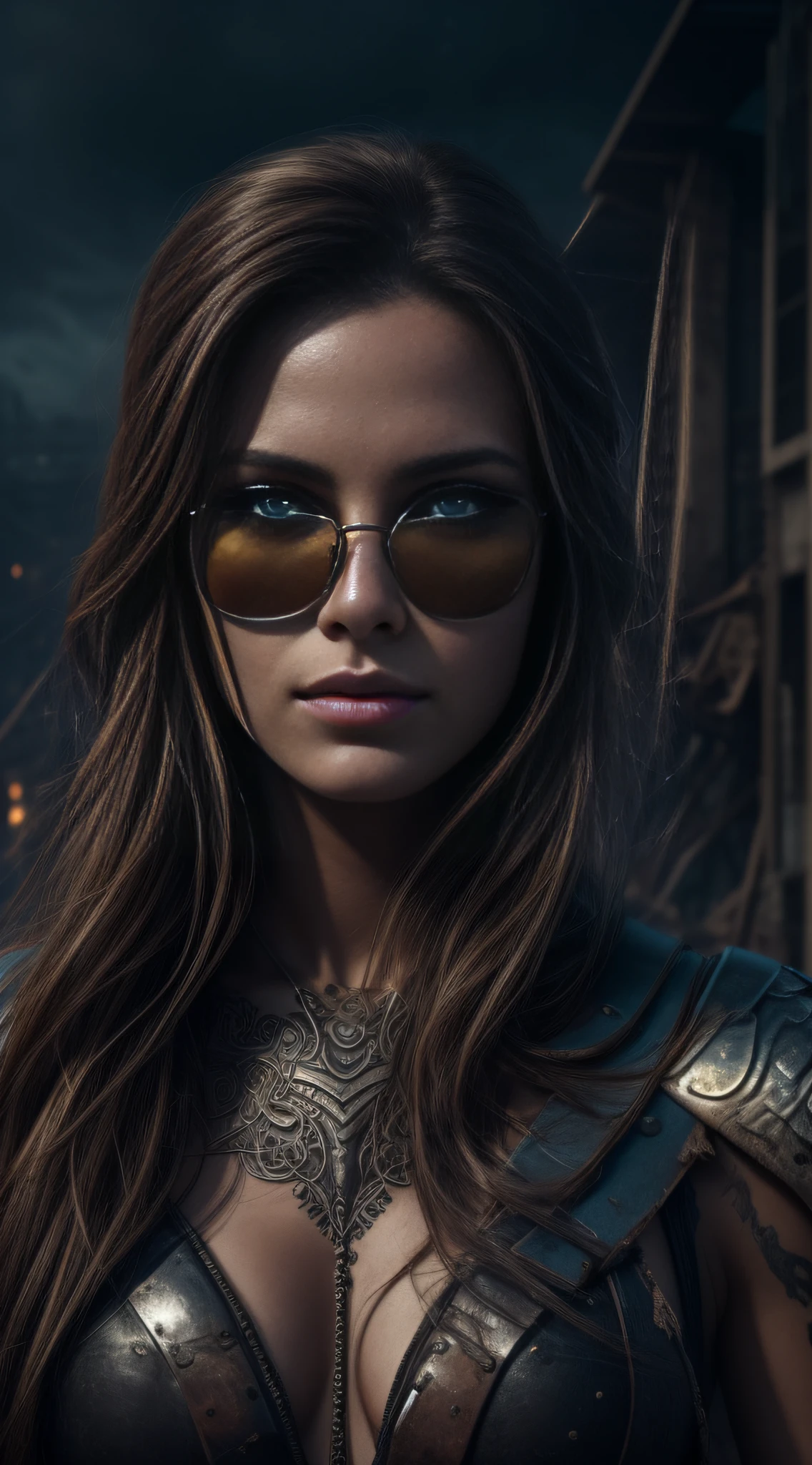a hyper realistic ultra detailed photograph of a futuristic beautiful barbarian woman wearing sunglasses at a dystopian city, tattered outfit with rusty metal armor plates, long wild hair, tattooed hands and body, fashion pose, detailed symmetric beautiful hazel eyes, detailed gorgeous face, apocalyptic environment, exquisite detail