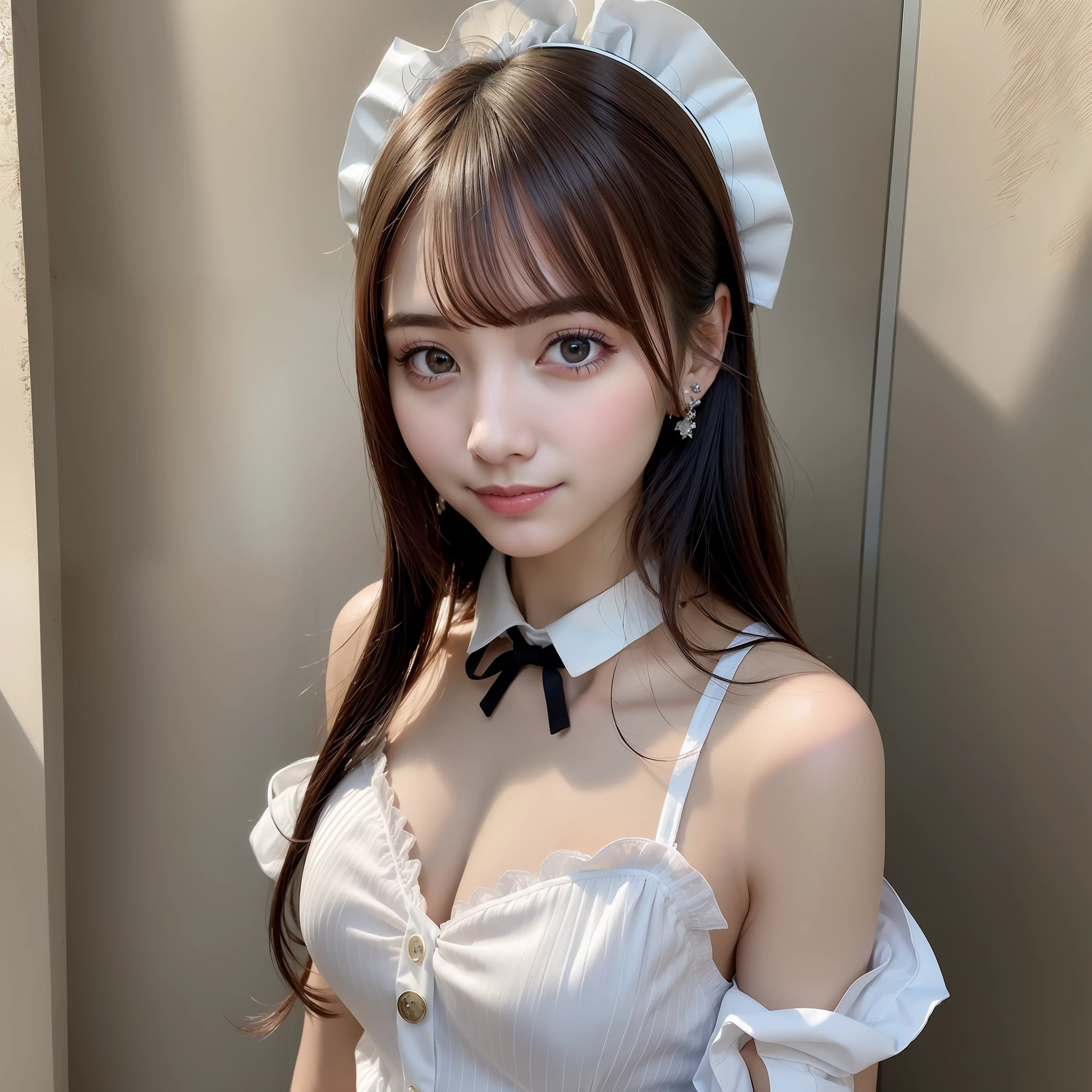 Top Quality, Ultra High Resolution, (Photorealistic: 1.4), Close Up, 1 Girl, (ulzzang-6500:1.0), (Complex Maid Outfit: 1.0), Black Hair, Complex Earrings, Nude, Smile, Upper Body, Accentuate Chest, No Hair Ornaments