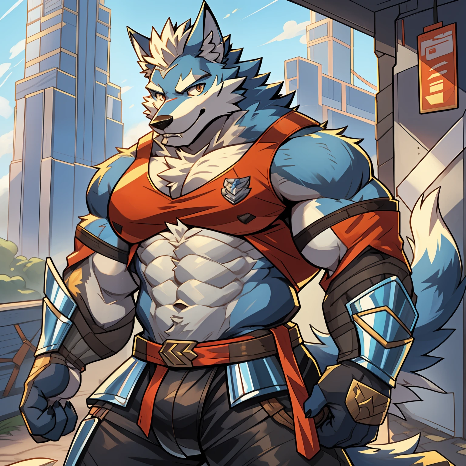 A caricature of a man with a furry tail and a shirt, wolf o'donnell, muscular werewolf, Muscular! White, commission for high resolution, anthropomorphic wolf male, an anthro wolf, inspired by Rob Liefeld, full body commission for, husky in shiny armor, SFW version, hairy chest, gigachad muscular