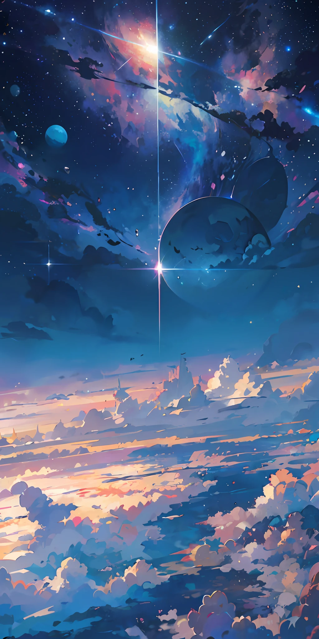 anime - style scene of a beautiful sky with a star and a planet, cosmic skies. by makoto shinkai, anime art wallpaper 4k, anime art wallpaper 4 k, anime art wallpaper 8 k, anime wallpaper 4k, anime wallpaper 4 k, 4k anime wallpaper, anime sky, amazing wallpaper, anime background, heaven planet in background, anime background art