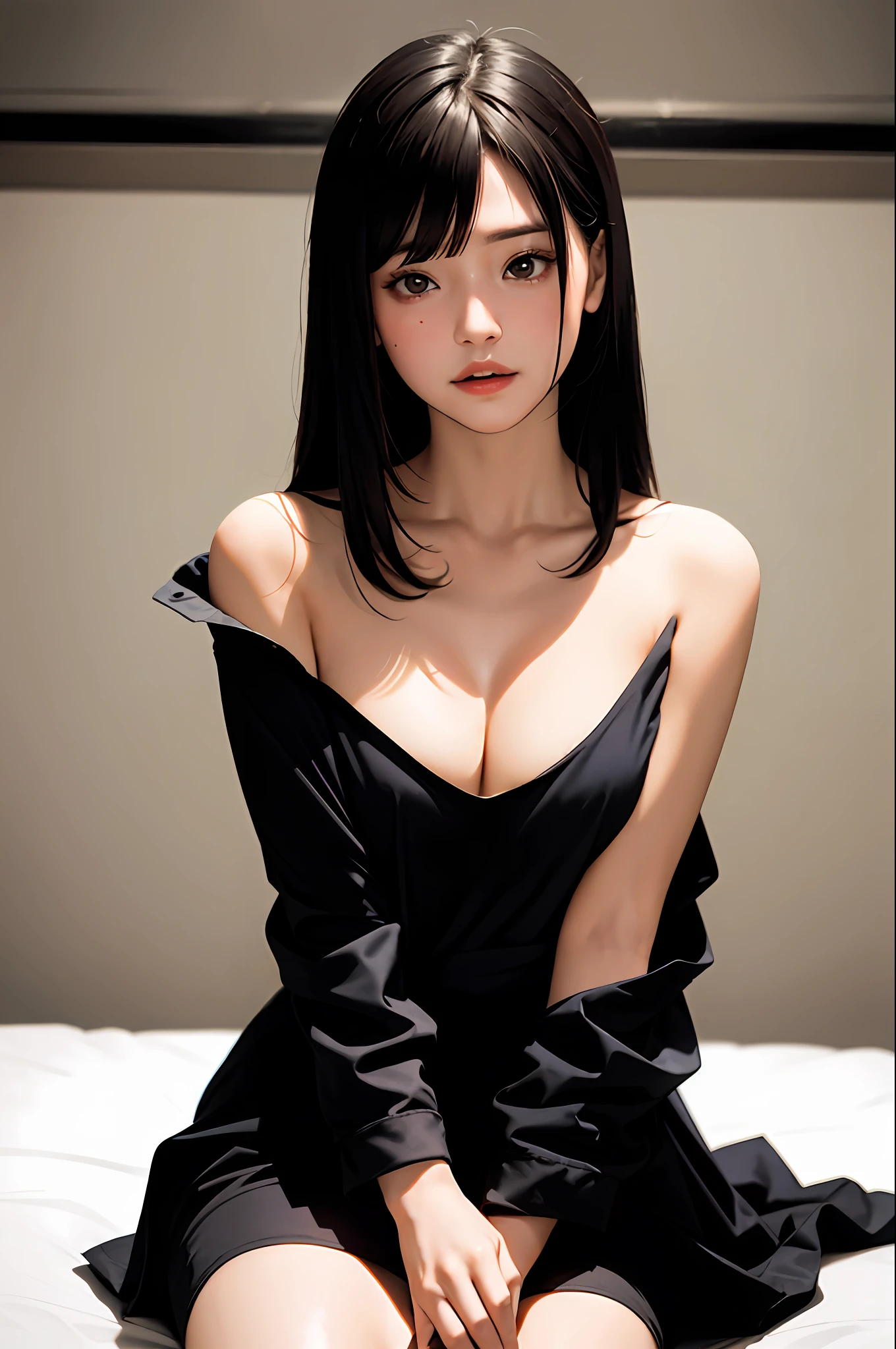 tmasterpiece,best qualtiy,(Dark photograph:1.3),realisticlying,1girl,flat bangs,stunning innocent symmetry face,The shirt,Emotional,Full breasts,ulzzang,(PureErosFace_V1:0.7)
