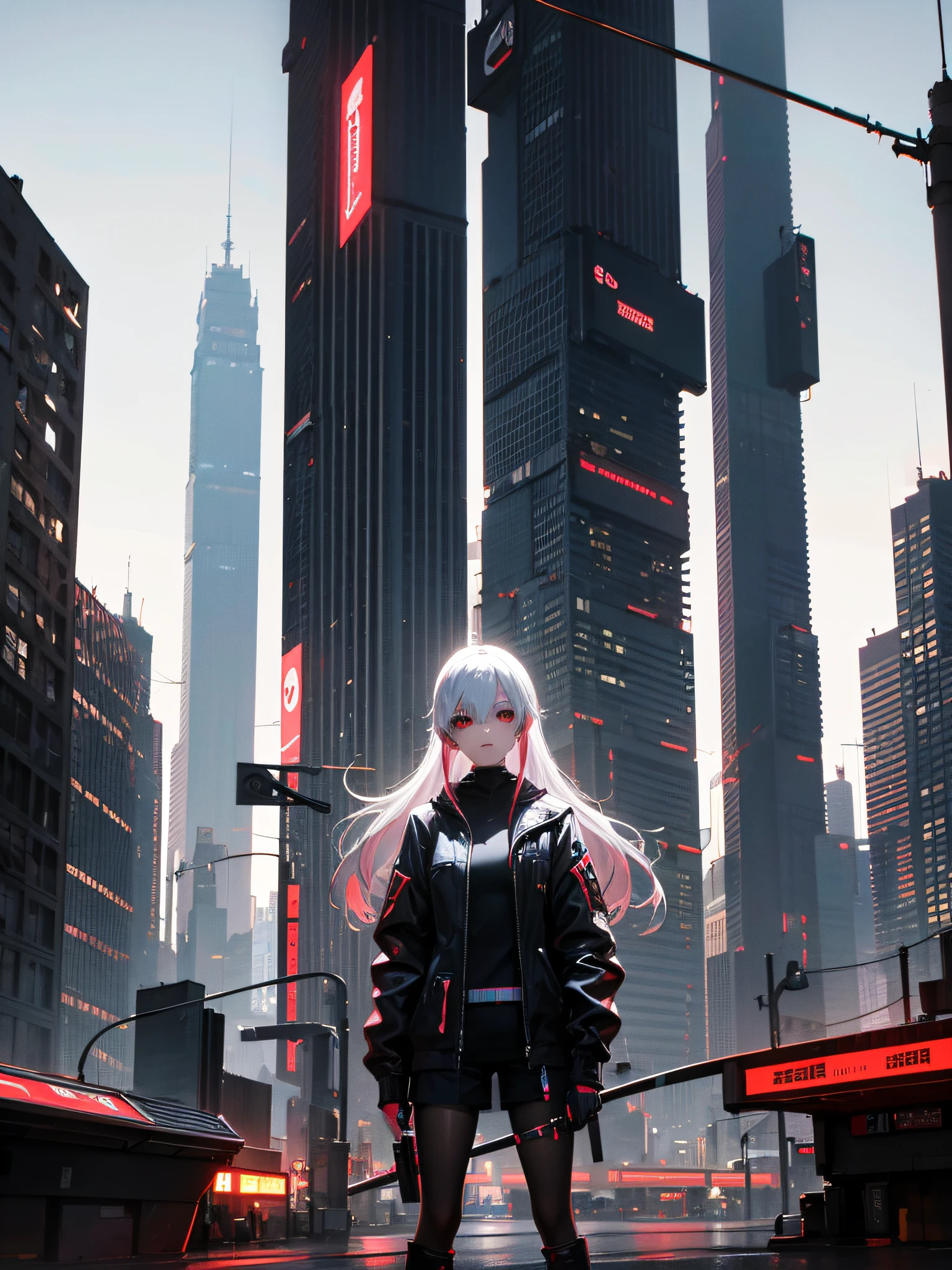 cyberpunk city,straight-on,cityscape,highres,expressionless,solo,long_hair,platinum_hair,red eyes,standing, --auto