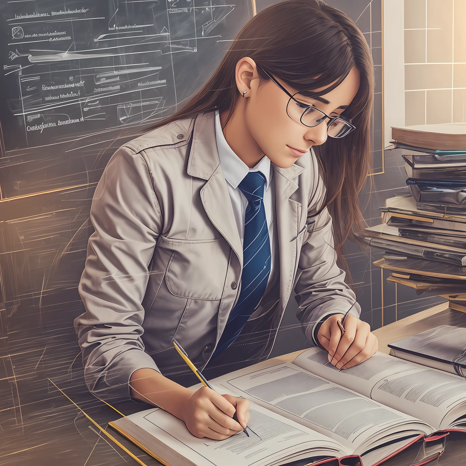 Realistic teacher reading ponytail reading with glasses in the classroom Delicate facial features to be particularly good-looking --auto