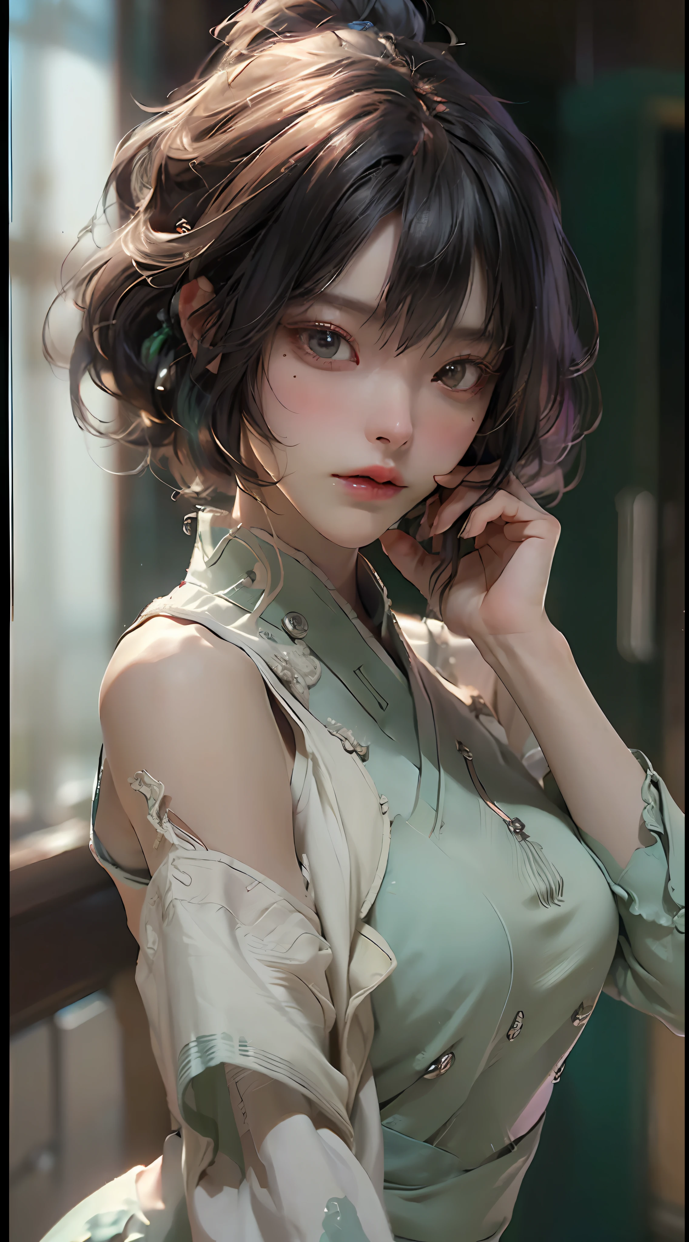 ((top-quality)), ((masterpiece)), (detaileds:1.4), 3D, Beautiful woman image,nffsw(HighDynamicRange),Ray traching,NVIDIA RTX,Hyper-Resolution,Unreal 5,Sub-surface scattering,PBR Texturing,Postprocess,Anisotropy Filtering,depth of fields,Maximum clarity and sharpness,multi-layer texture,Albedo and specular maps,Surface Shading,Accurate simulation of light-material interactions,perfectly proportions,Octane Rendering,Two-tone lighting,Wide aperture,Low ISO、Purple Balance、Shorthair, thirds rule、8K Raw、