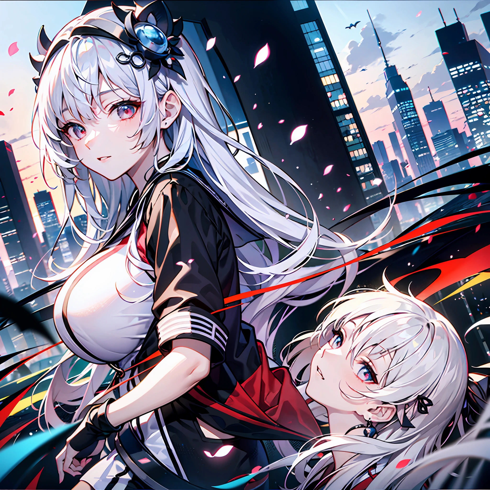 (1girl:1.3), 独奏, (((very vey very detailed face))),((very detailed eyes and faces))),beatiful detailed eyes,Body parts__,offcial art,Unified 8k wallpaper,ultra-detailliert,Beautiful and beautiful,big breasts beautiful,tmasterpiece,best qualtiy,primitive,tmasterpiece,ultra fine photos,best qualtiy,超高分辨率,photorealistic realism,rays of sunshine,full-body portraits,stunningly beautiful,,dynamicposes,delicated face,vibrant eyes,(from the front side), She wore a black sailor suit,red color eyes,white color hair,Wear a garland on your head,Black stockings,athletic sneakers,Very detailed city roof background, Roof,looking over city,详细的脸,detailed complex busy background,untidy,opulent,milkyW,highly detailedskin,Realistic details of skin,Visible pores,Clear focus,volume fog,8k uhd,digital SLR camera,high qulity,filmgrain,White skin of the,photo-realism,lomography, semi transparent,Japanese style