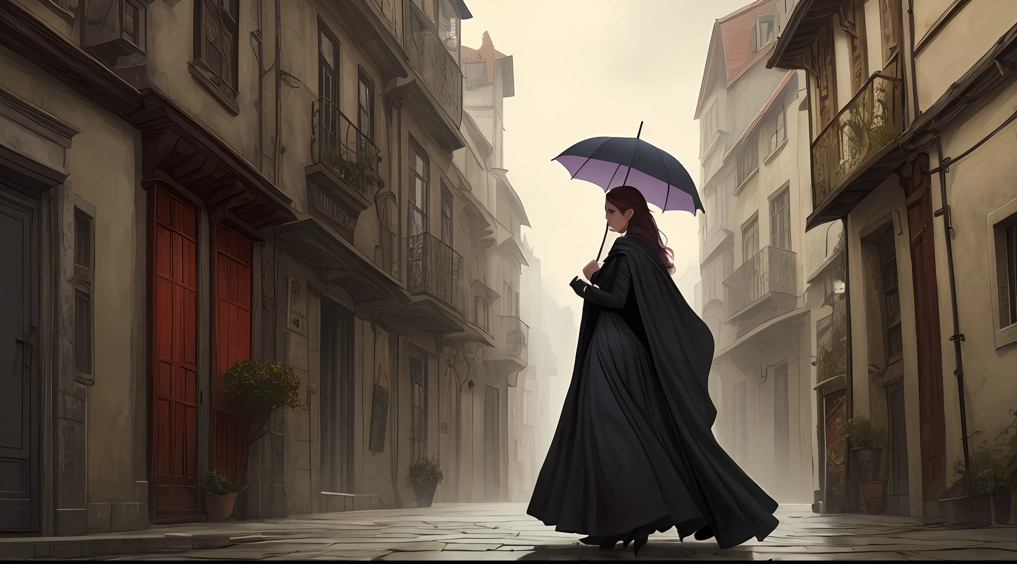 There was a woman walking down the narrow street with an umbrella, gothic city streets behind her, Stylized urban fantasy artwork, inspired by Grzegorz Domaradzki, A beautiful artwork illustration, Mysterious girl, Mysterious woman, in a cloak with long hairs, Charlie Bowater style, mistborn, ancient city streets behind her, --auto