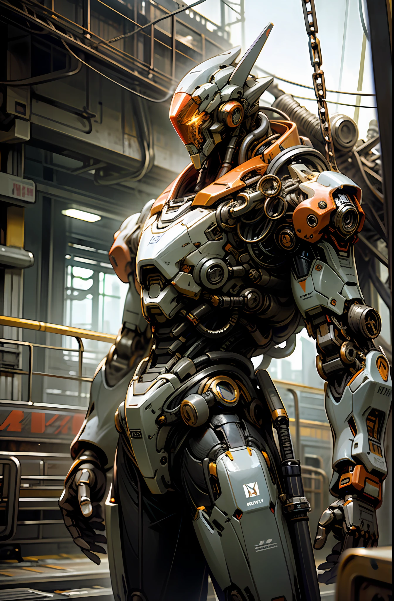 Dark_Fantasy,Cyberpunk,(chain saw,chain saw man,Red:1.1),1man,Mechanical marvel,Robotic presence,Cybernetic guardian, wearing a worn-out mech suit, intricate, (steel metal [rusty]), elegant, clear focus, shot by greg rutkowski, soft lighting, vibrant colors, masterpiece, ((street)), cowboy shot, dynamic pose,