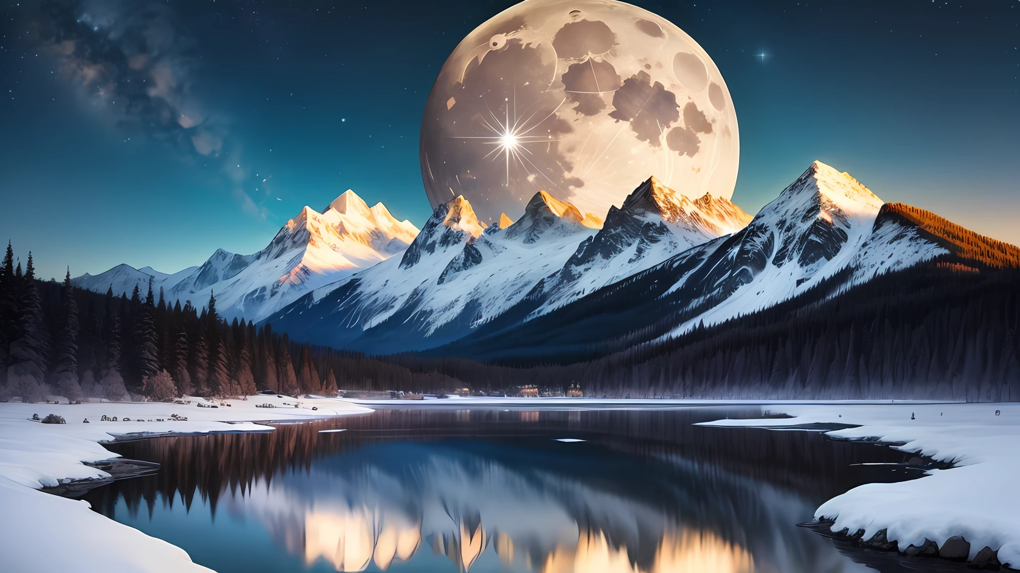 Starry Night、Big snowy mountains、Big Moon、Little clouds、A tranquil lake that reflects the moon beautifully、Ultra-realistic scenes、detaileds、photorealisim、[There are no people]