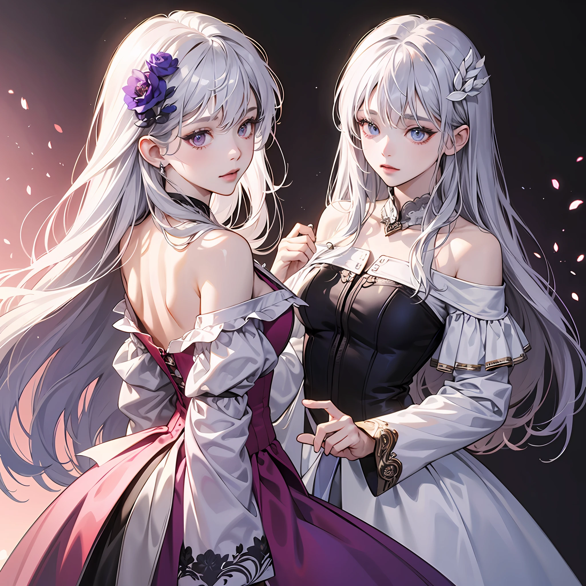best qualtiy,highly detailed,tmasterpiece,ultra - detailed,(Realistis:1.2),1girll,(white backgrounid),simplebackground,Elaborate Eyes,Silver hair,a purple eye,hair_ornament,(White off-the-shoulder vest:1.3),long whitr hair,hair straight, --auto