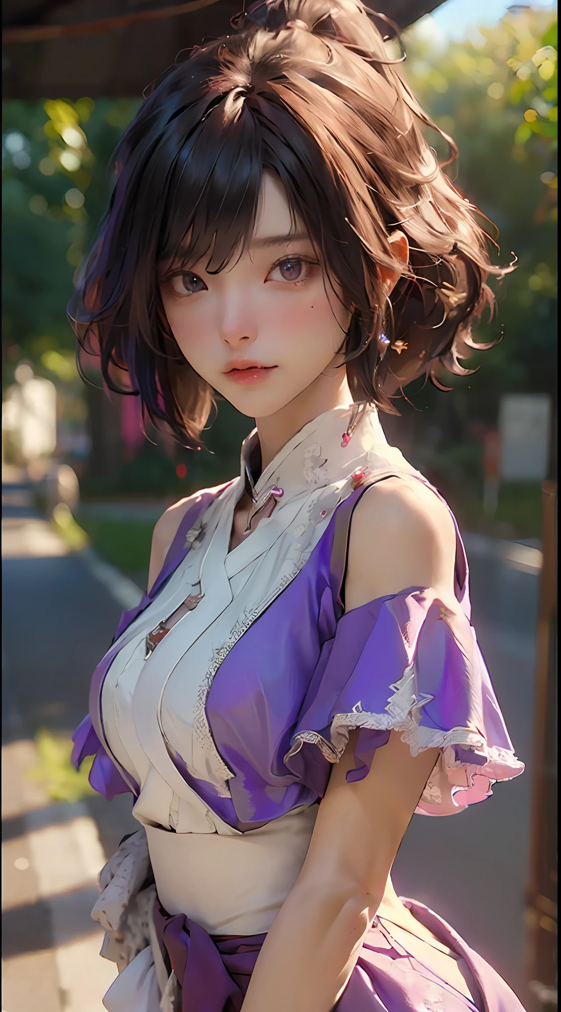 ((top-quality)), ((masterpiece)), (detaileds:1.4), 3D, Beautiful woman image,nffsw(HighDynamicRange),Ray traching,NVIDIA RTX,Hyper-Resolution,Unreal 5,Sub-surface scattering,PBR Texturing,Postprocess,Anisotropy Filtering,depth of fields,Maximum clarity and sharpness,multi-layer texture,Albedo and specular maps,Surface Shading,Accurate simulation of light-material interactions,perfectly proportions,Octane Rendering,Two-tone lighting,Wide aperture,Low ISO、Purple Balance、Shorthair, thirds rule、8K Raw、