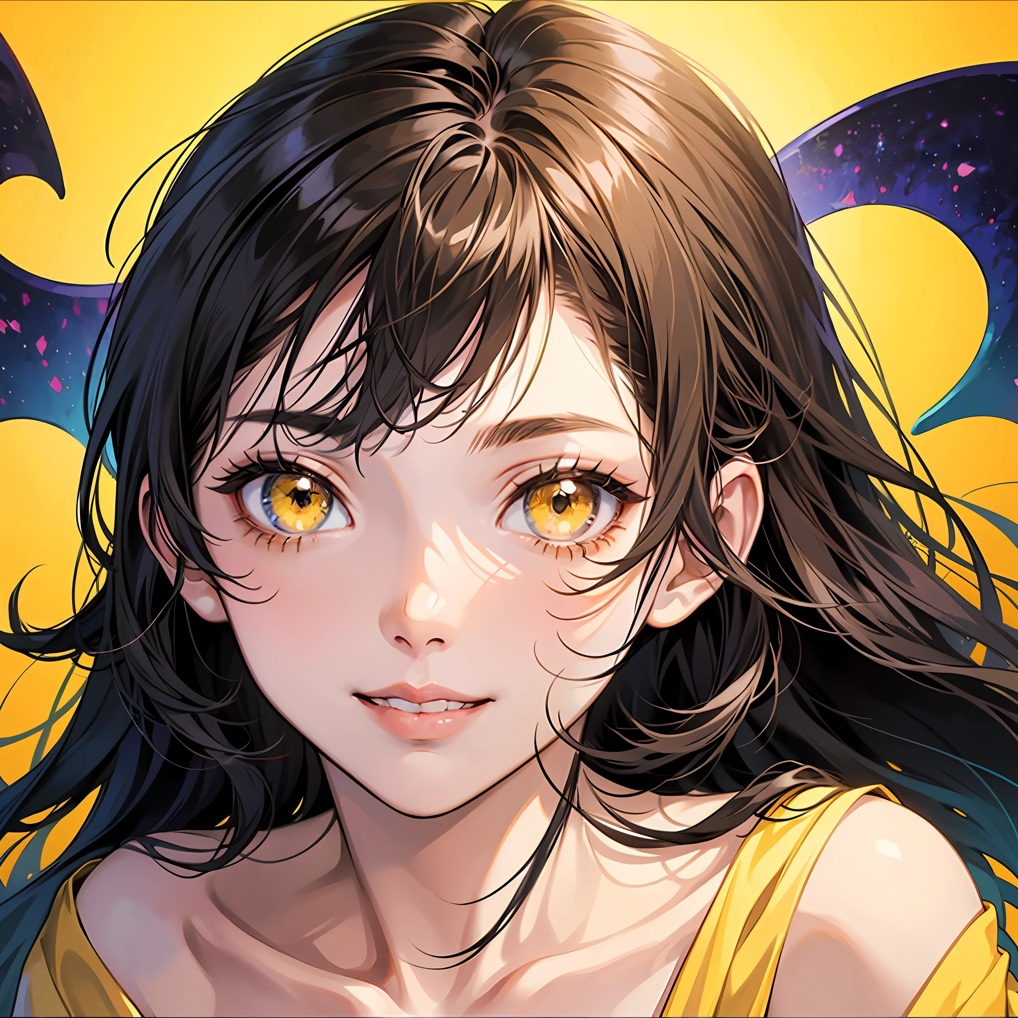 Anime girl with yellow eyes, Black hair and yellow eyes，glowing bright yellow eyes，4k manga wallpapers，Anime style 4K，Spooky smile，close up of a young anime girl，glowing yellow face，Best anime 4k konachan wallpaper，Anime monster shoujo，Cute shoujo 21 anime shoujo yellow eyes anime visual，Black hair and yellow eyes，auto-destructive art，Solid yellow background ，?????????? 8K，Lower
