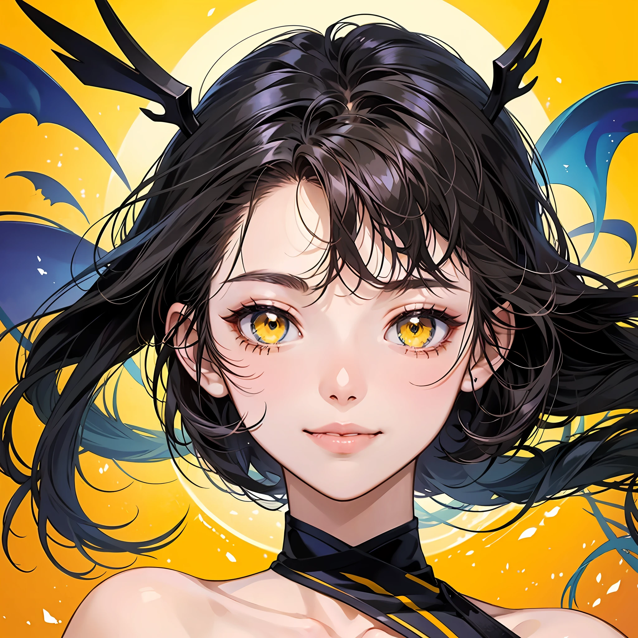 Anime girl with yellow eyes, Black hair and yellow eyes，glowing bright yellow eyes，4k manga wallpapers，Anime style 4K，Spooky smile，close up of a young anime girl，glowing yellow face，Best anime 4k konachan wallpaper，Anime monster shoujo，Cute shoujo 21 anime shoujo yellow eyes anime visual，Black hair and yellow eyes，auto-destructive art，Solid yellow background ，No clothes 8K，Lower