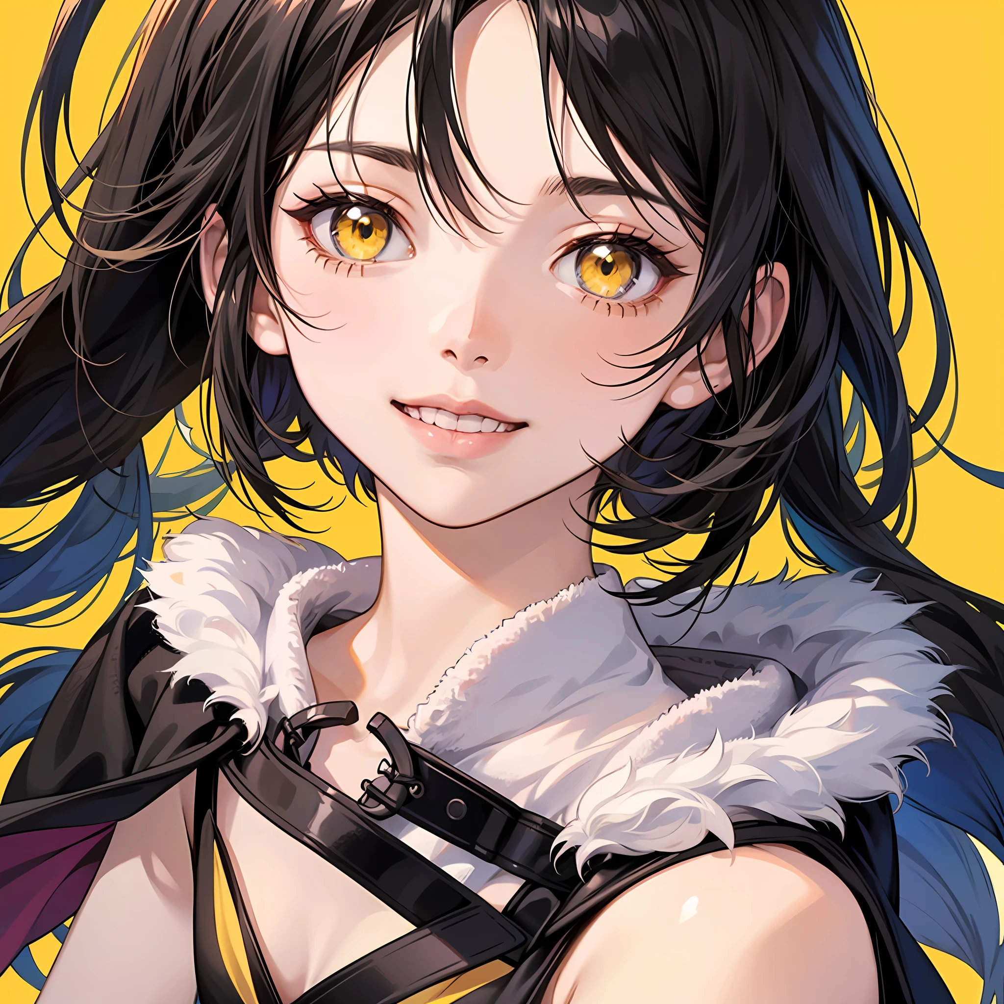 Anime girl with yellow eyes, Black hair and yellow eyes，glowing bright yellow eyes，4k manga wallpapers，Anime style 4K，Spooky smile，close up of a young anime girl，glowing yellow face，Best anime 4k konachan wallpaper，Anime monster shoujo，Cute shoujo 21 anime shoujo yellow eyes anime visual，Black hair and yellow eyes，auto-destructive art，Solid yellow background ，No clothes 8K，Lower