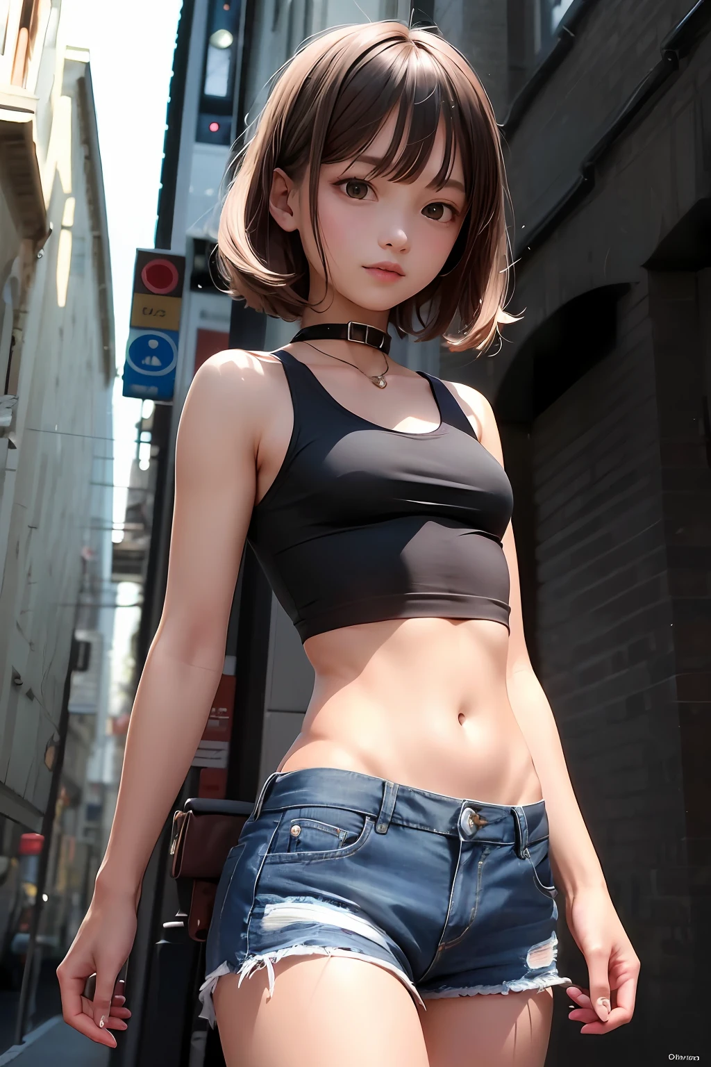 Girl in white bra and tight denim skirt posing for photo, full body, with cropped T-shirt, bra, slim body, smaller bust, slim girl model, 24-year-old female model, lying on the construction site, a group of black men onlooking