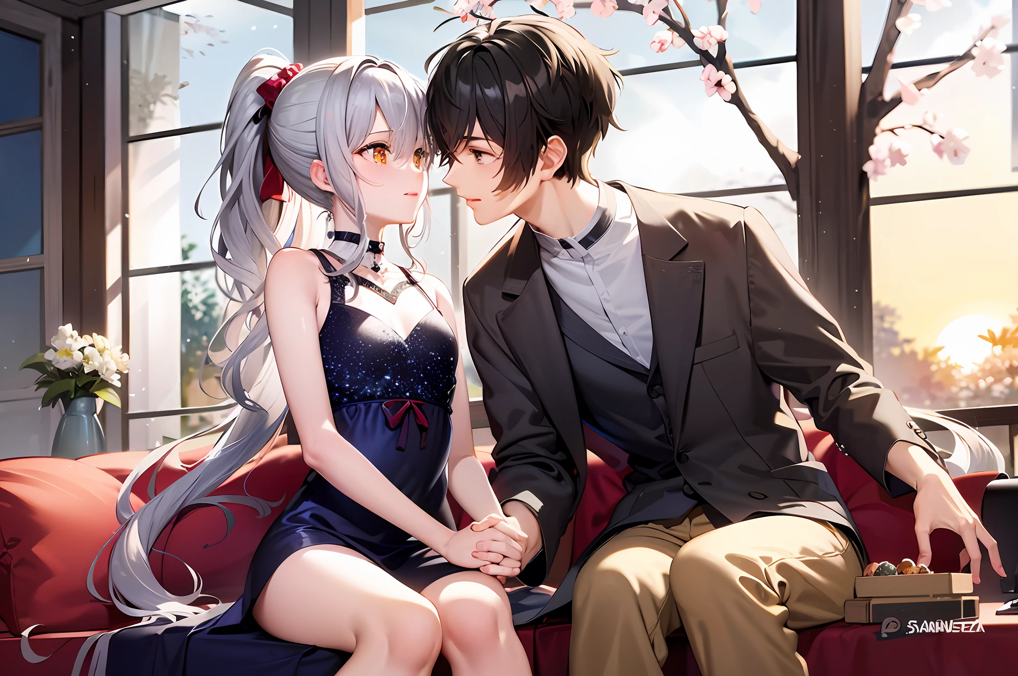 anime 1boy with 1girl hetero couple sitting on a couch with cherry blossoms in the background, sakimichan and frank franzzeta, nixeu and sakimichan, lovely couple, wlop and sakimichan, from girls frontline, artwork in the style of guweiz, high quality anime artstyle, high quality fanart, frank franzzeta and sakimichan