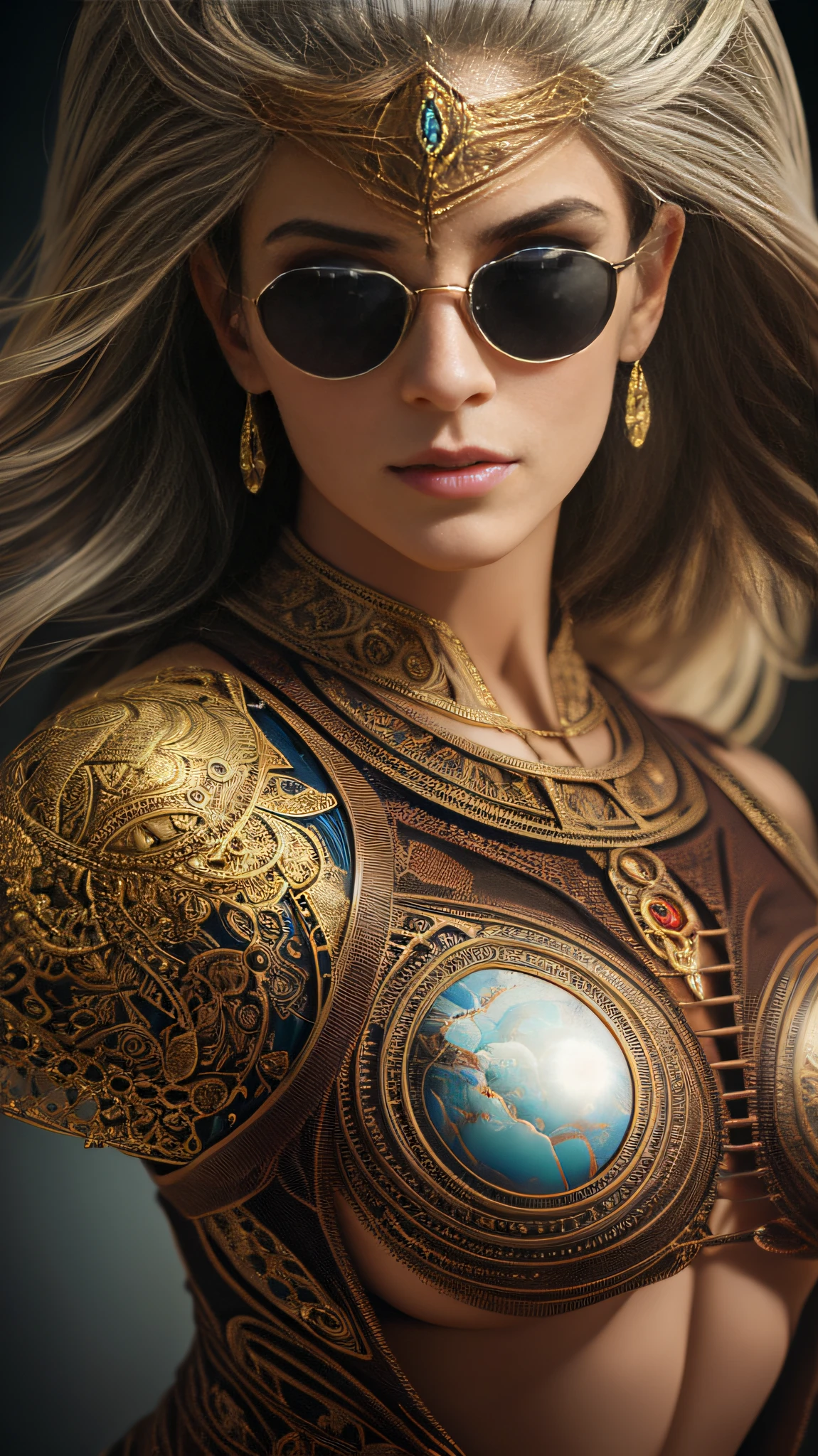 a hyper realistic ultra detailed photograph of a futuristic beautiful barbarian woman wearing sunglasses at a dystopian city, tattered outfit with rusty metal armor plates, long wild hair, tattooed hands and body, fashion pose, detailed symmetric beautiful hazel eyes, detailed gorgeous face, apocalyptic environment, exquisite detail