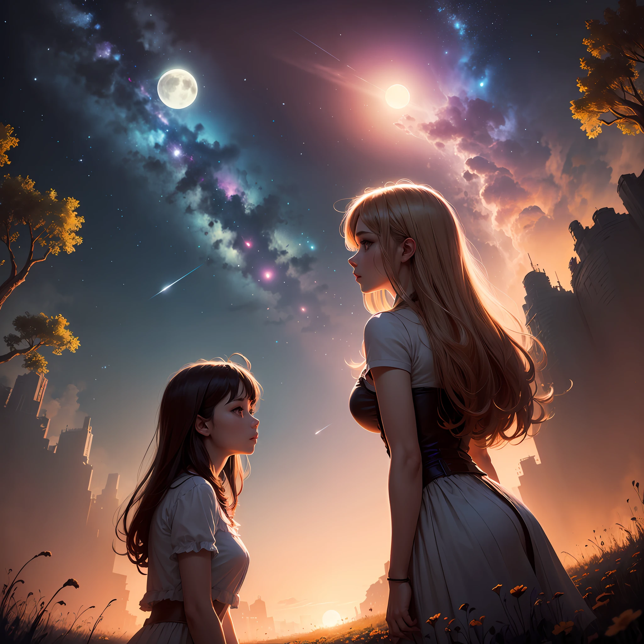 A wide landscape photo, (viewed from below, the sky is above, and the open field is below), a girl standing on a flower field looking up, (full moon: 1.2), (meteor: 0.9), (nebula: 1.3), distant mountains , Trees BREAK Crafting Art, (Warm Light: 1.2), (Firefly: 1.2), Lights, Lots of Purple and Orange, Intricate Details, Volumetric Lighting BREAK (Masterpiece: 1.2), (Best Quality), 4k, Ultra Detailed, (Dynamic Composition: 1.4), Rich in Detail and Color, (Rainbow Color: 1.2), (Glow, Atmospheric Lighting), Dreamy, Magical, (Solo: 1.2) --auto