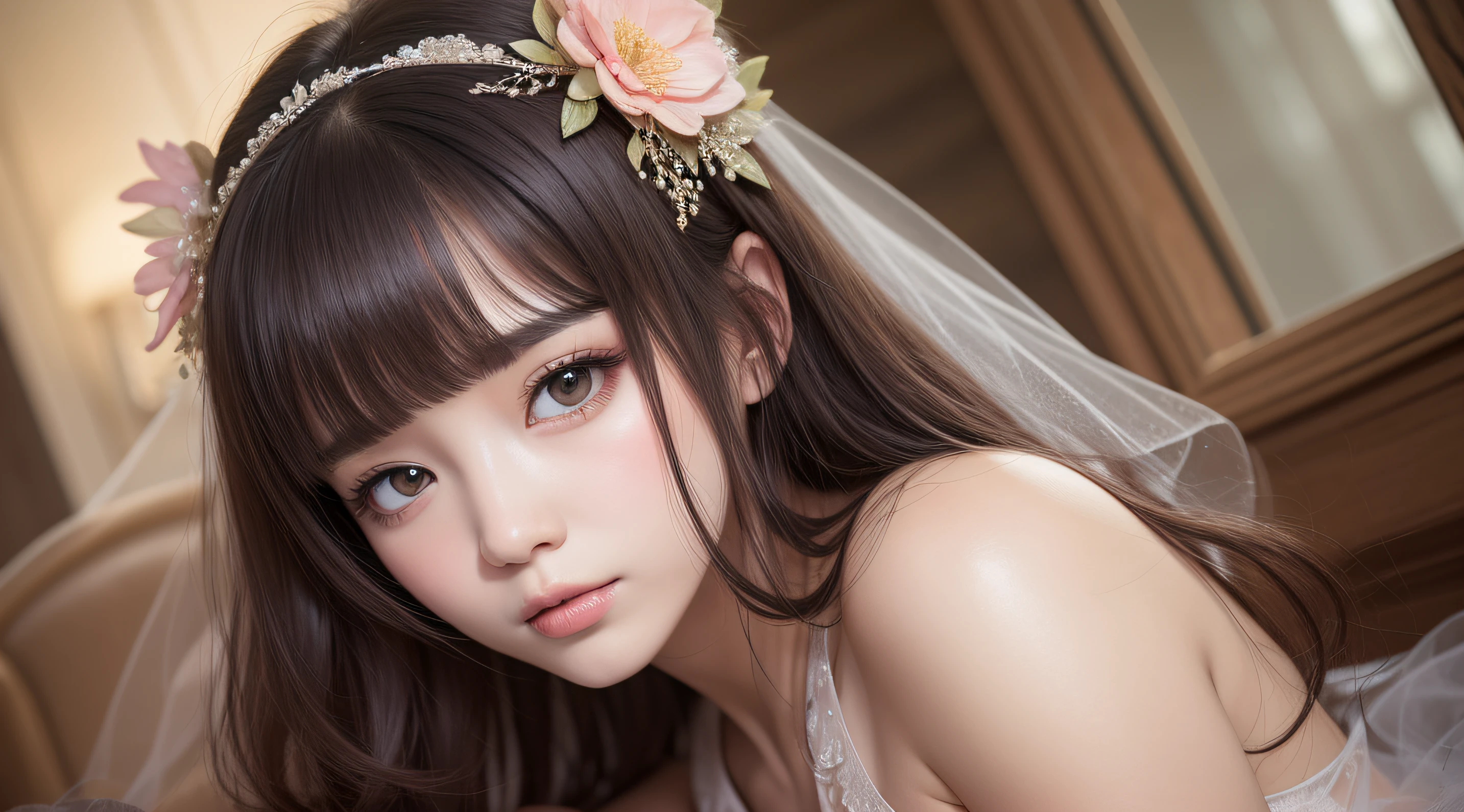 8K,1girll,chies,seat,brunette color hair,head gear,Elaborate Eyes,二重まぶた,Inverted triangle polygon type,Delicate skin texture,wedding gown,ultra fine detailed