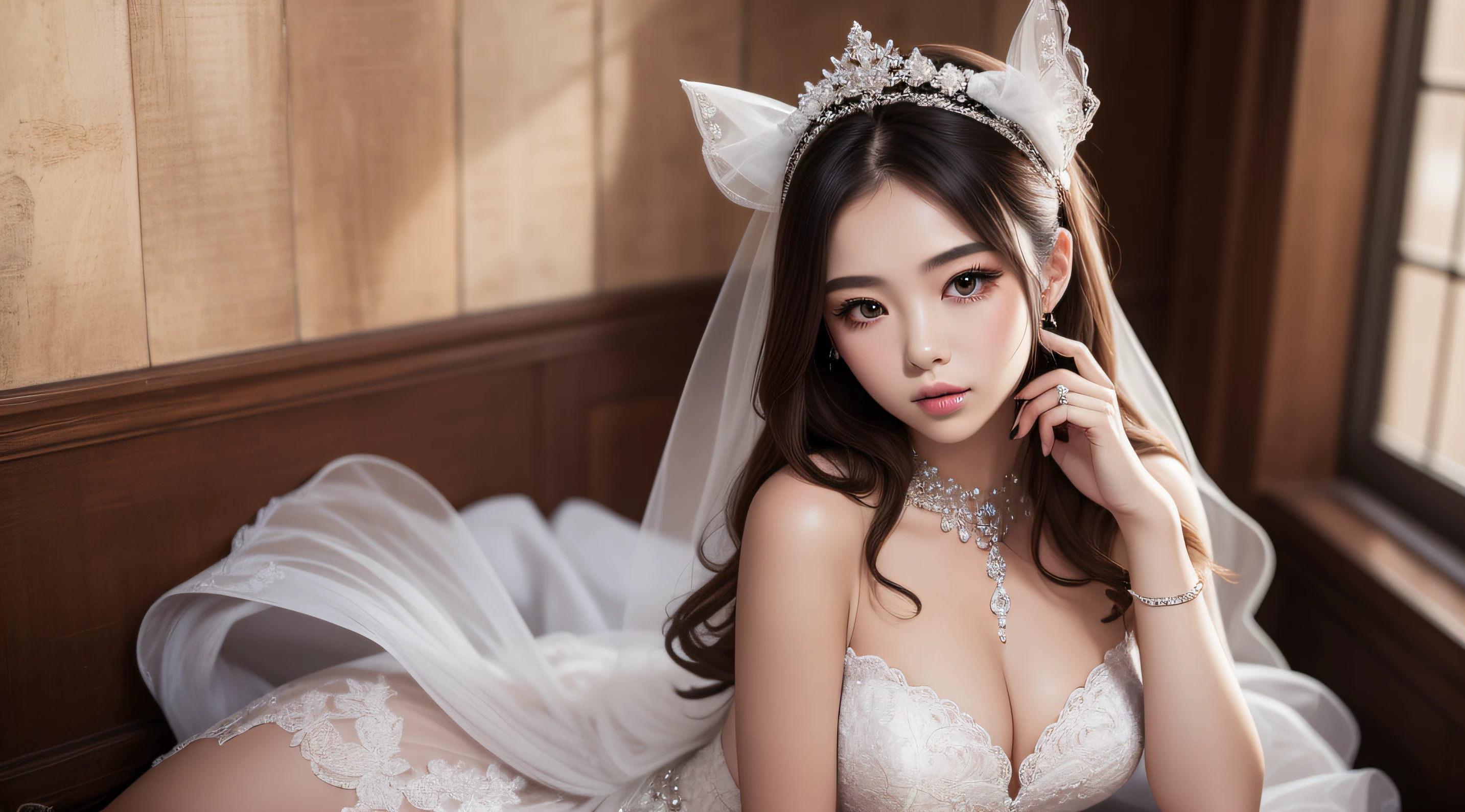 8K,1girll,chies,seat,brunette color hair,head gear,Elaborate Eyes,二重まぶた,Inverted triangle polygon type,Delicate skin texture,wedding gown,ultra fine detailed