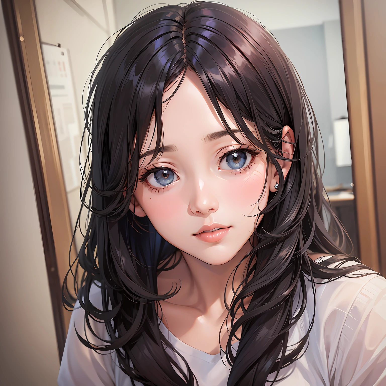 Translucent shirt, tight fit, blushing, black hair, curly hair, in the mouth --auto