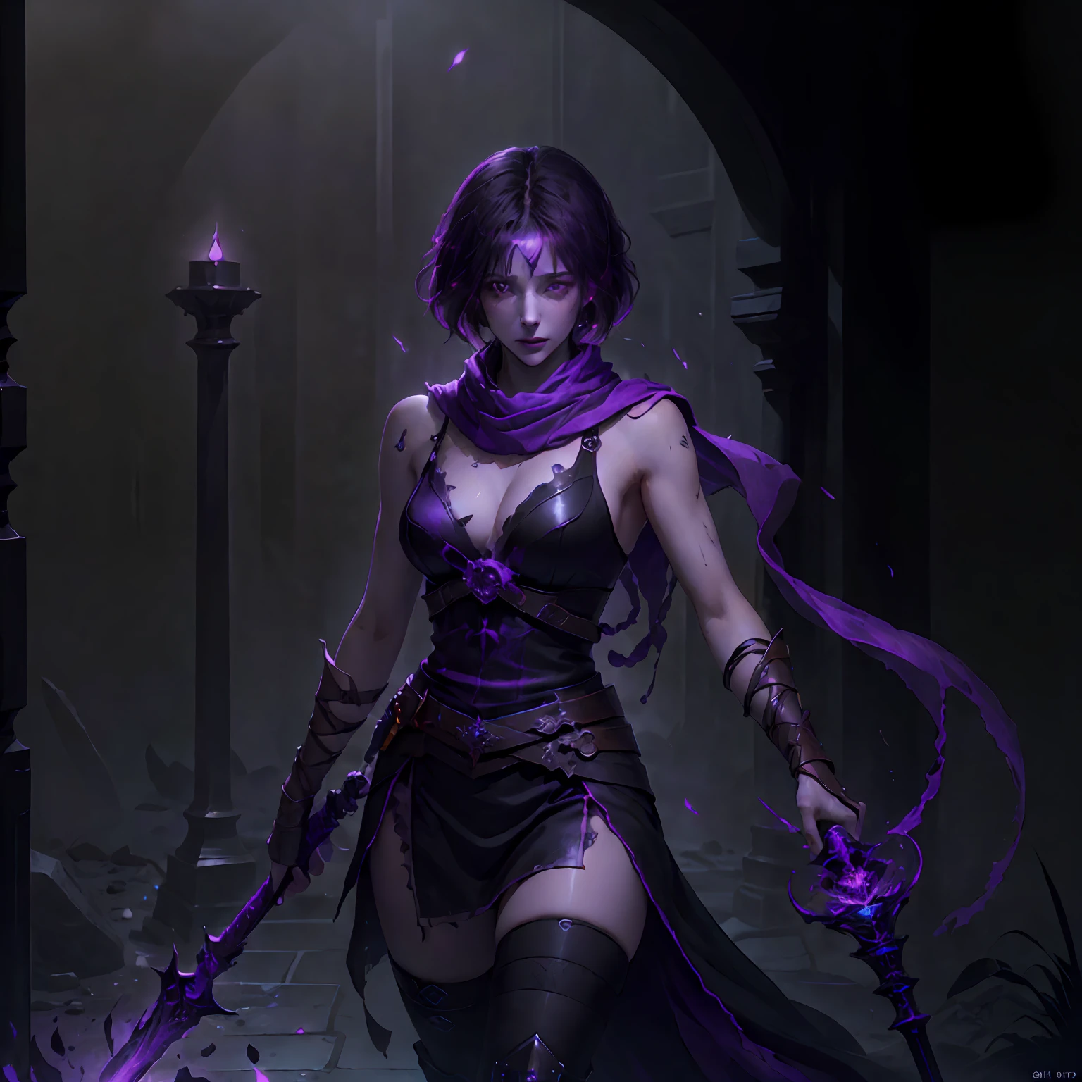 (Extreme Detail CG Unity 8K Wallpapers，tmasterpiece，Highest image quality)，(Delicate light and shadow，The picture is highly dramatic，Cinematic lens effect)，Short black hair purple pick dye girl，darkness aura, Dark aura, Holding a black longsword，Black sleeveless tights，Carrying a purple spear on his back，There are scratches on the eyes，purple scarf --auto