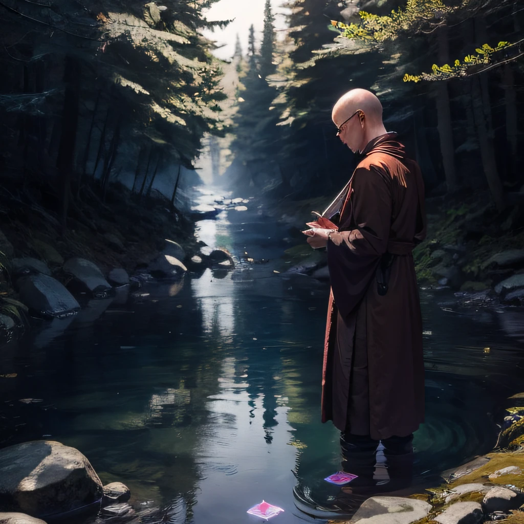 2 monks talking at a crystal clear spring in the forest --auto