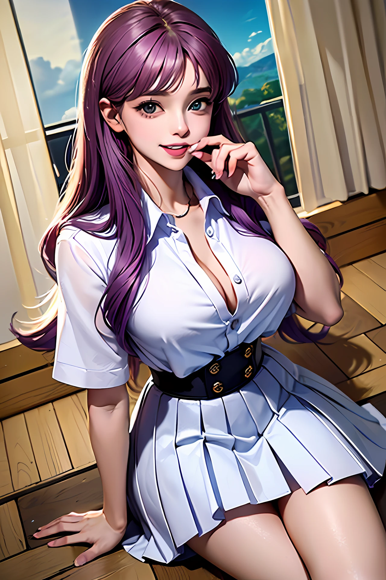 (((obra-prima, melhor qualidade, absurdos))), 1girl,solo, saori kido, mulher jovem brasileira (19 anos, cabelos roxos naturais e longos (length to hip height)) in a Japanese school uniform(( white blouse
short buttons,mini saia plissada, calcinha fio dental branca com liga, stocking cor de pele(bege))), sfw enorme, Oppai proportions, seios enormes, bonita,sorriso resplandecente
