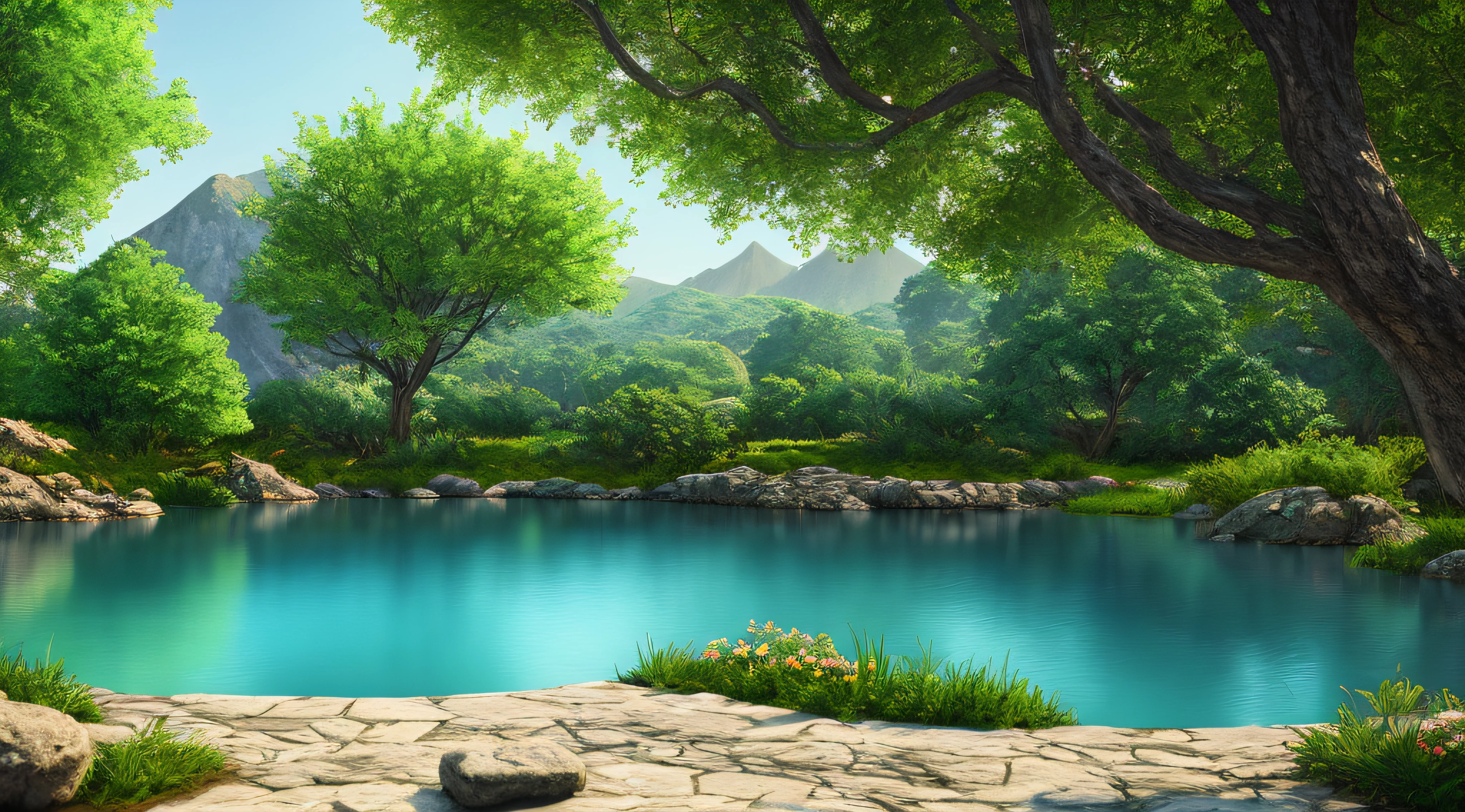 A serene place, very pleasant, beautiful, calm and beautifully landscaped. photorealistic, 8k uhd, studio quality, ultra realistic, maximum detail, large scale, postprocessing, photorealistic, photorealistic, photoshop, photography, detailed, cinematic lighting, landscape, panorama, scenery, ray tracing, cinema4d