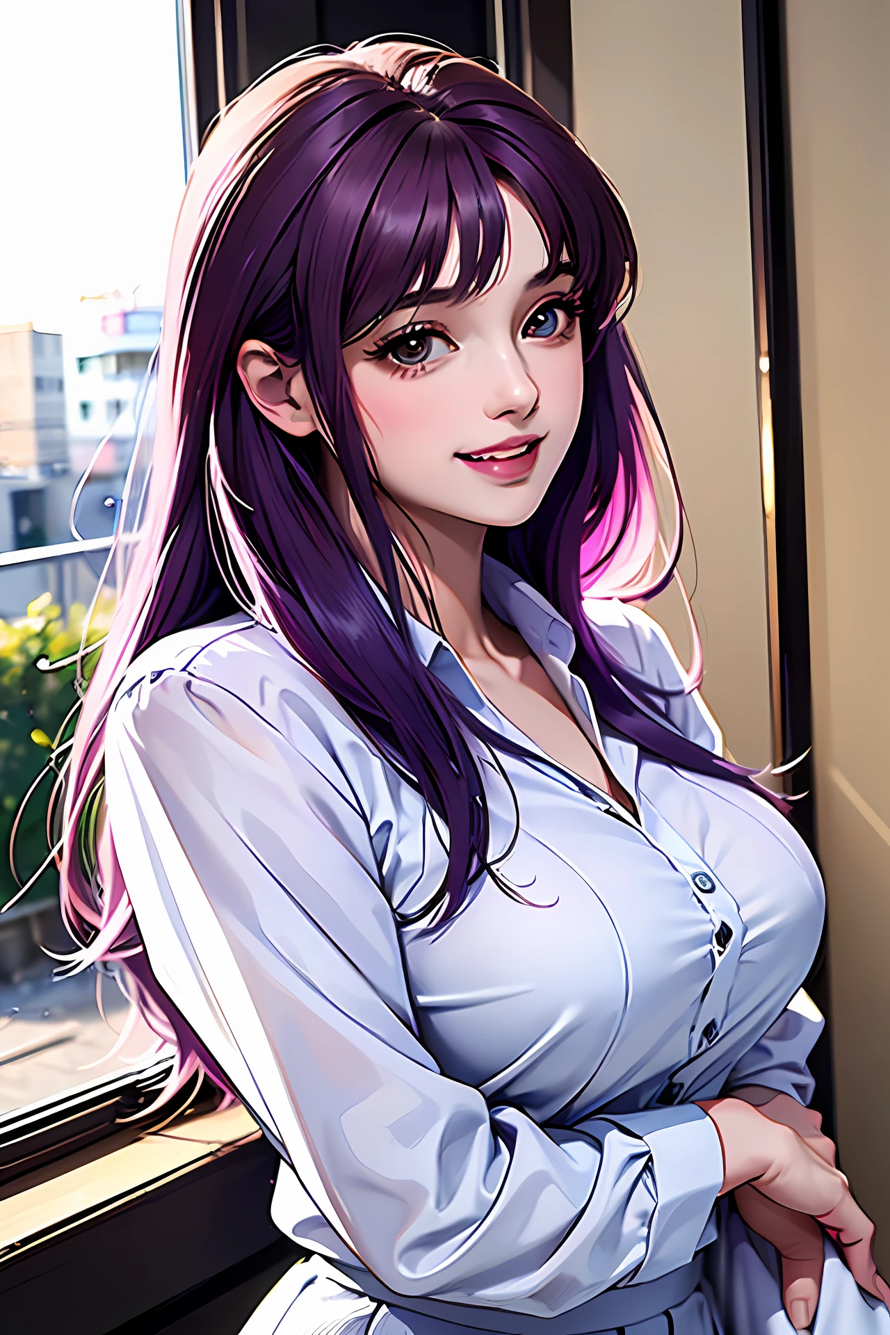 (((obra-prima, melhor qualidade, absurdos))), 1girl,solo, saori kido, mulher jovem brasileira (19 anos, cabelos roxos naturais e longos (length to hip height)) in a Japanese school uniform(( white blouse
short buttons,mini saia plissada, calcinha fio dental branca com liga, stocking cor de pele(bege))), sfw enorme, Oppai proportions, seios enormes, menina bonita,sorriso resplandecente