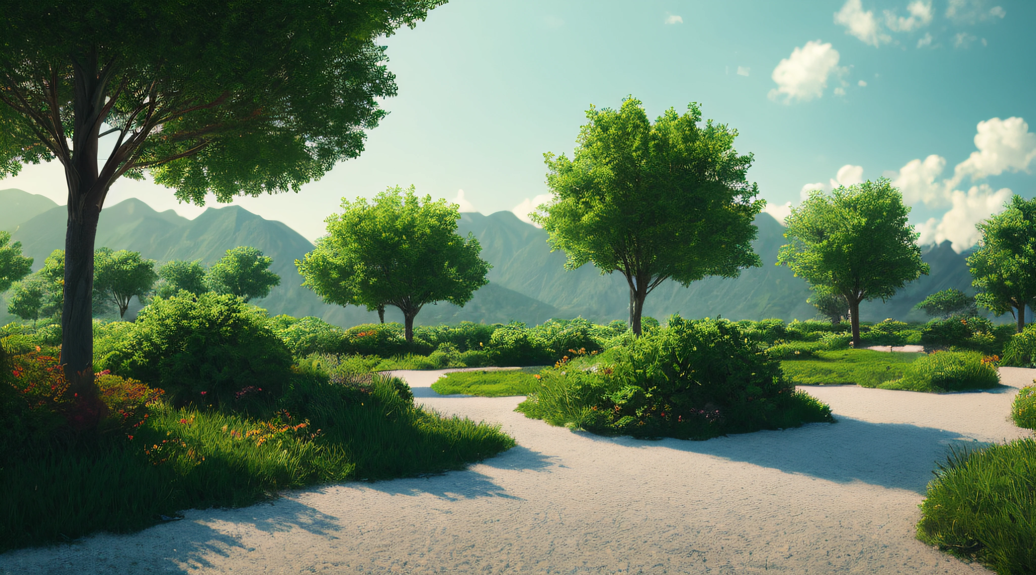 A serene place, very pleasant, beautiful, calm and beautifully landscaped. photorealistic, 8k uhd, studio quality, ultra realistic, maximum detail, large scale, postprocessing, photorealistic, photorealistic, photoshop, photography, detailed, cinematic lighting, landscape, panorama, scenery, ray tracing, cinema4d