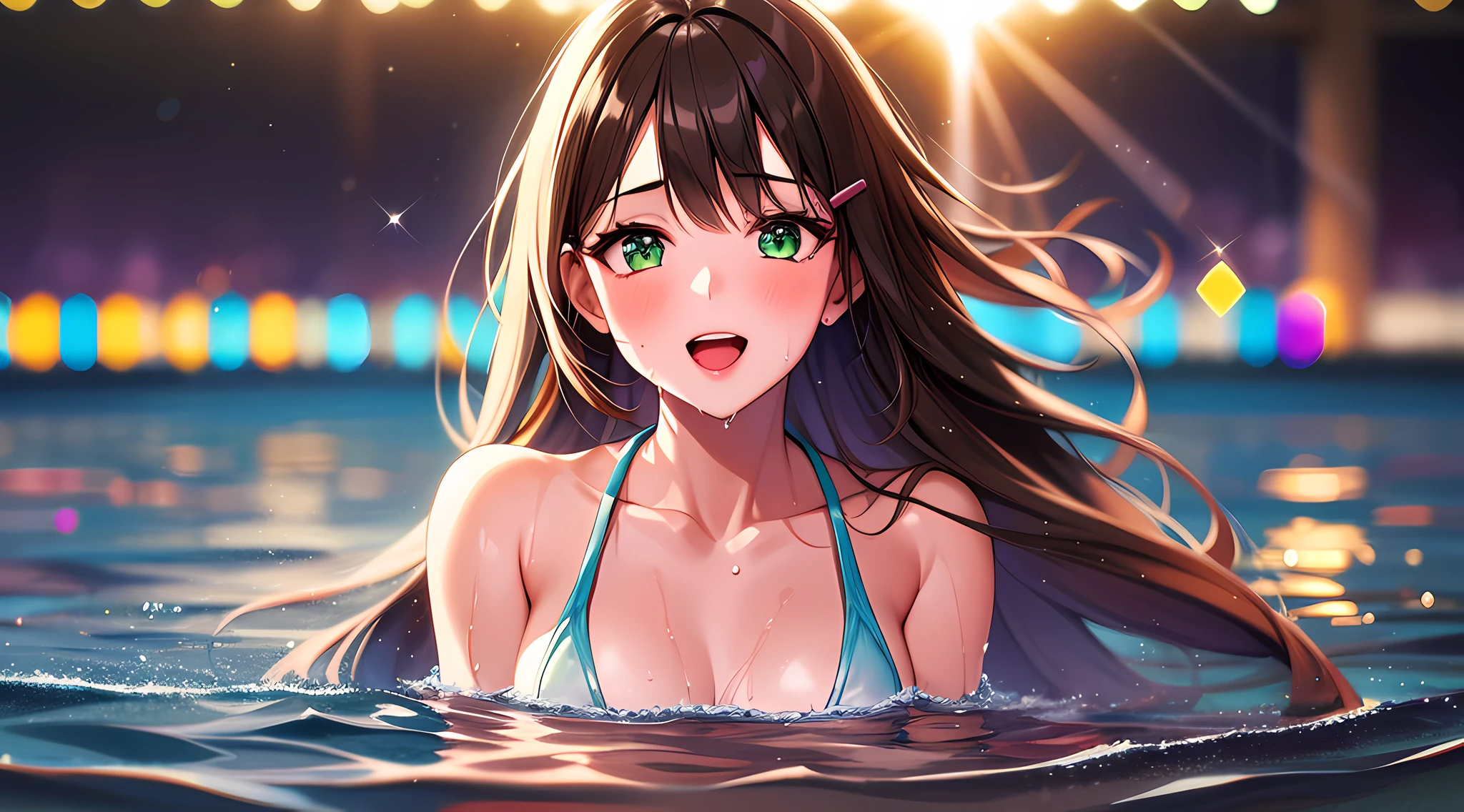 1 girl, beach, blurred, blush, bokeh, brown hair, dressing up, depth of field, diffraction of spikes, shine, green eyes, hairstyle, hair clip, horizon, lens flash, photosensitive, light rays, backward glance, male focus, ocean, open mouth, otoko_no_ko, partially submerged, pool, at pool, rainbow, solo, glitter, sparkle_background, sparkler, sparkles, stage lights, sun, sunbeam, sunlight, wading, water, wet