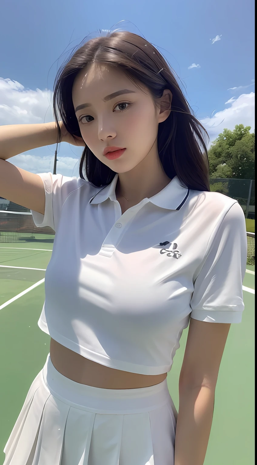 (tmasterpiece,White sneakers and polo shirt translucent,Realistic details,Ultra-high resolution:8k wallpaper,The character bows his head,The eyes are delicate,pupil realistic,Yellow-skinned,Short black hair, brown eyes,Slim dynamic light and shadow,Redlip,Bigchest,White tennis suit and miniskirt,Panorama sky, blue sky, white clouds)