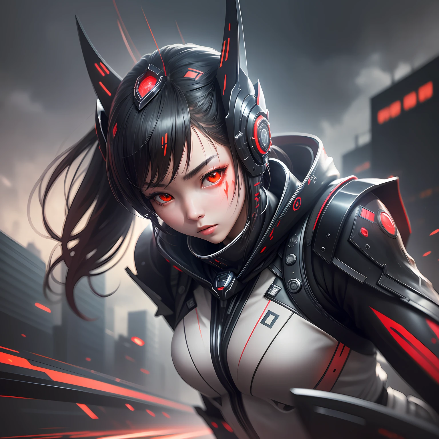 teens girl,mechs,red colour,black in color,long whitr hair,sharp --auto