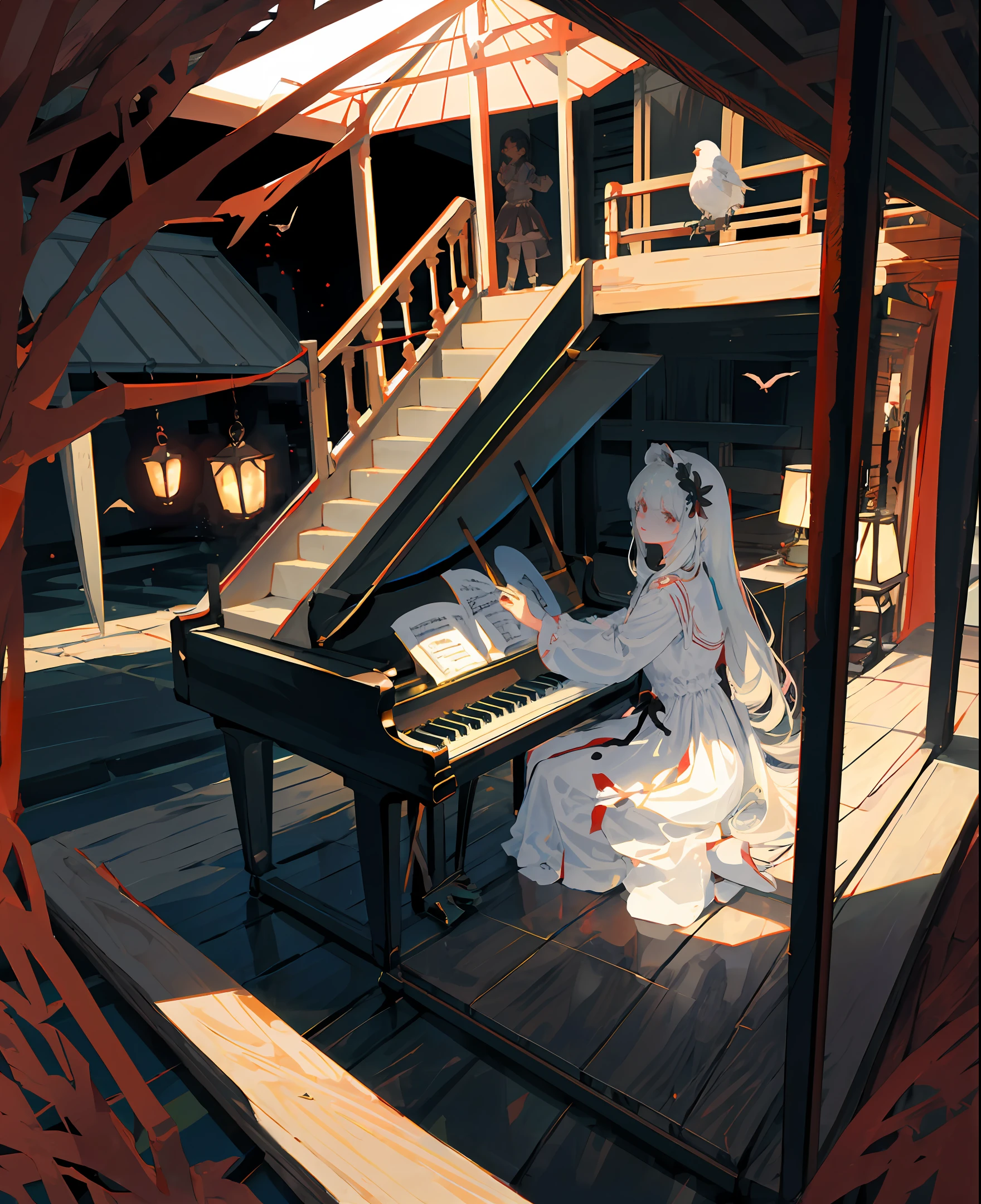 In the gazebo,A woman in a white dress sits on a piano,Sandalwood on the side,The sound of the piano is gentle,Flocks of birds are drawn to a halt on the fence。