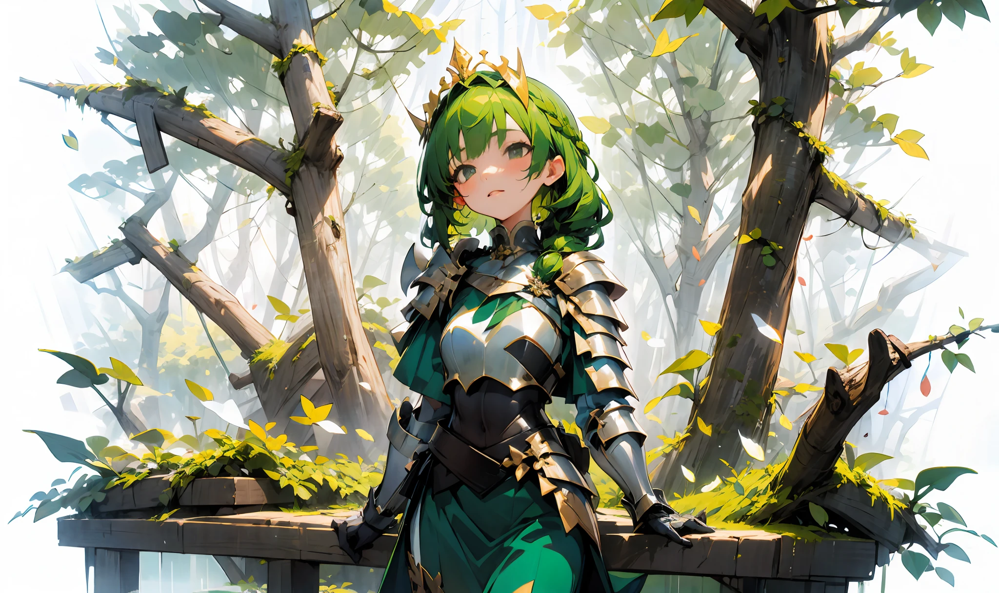 forest_sprite, (green leafy hair), flower_crown, ([bark_armor|vines_wrapped_top]:1.3), [thorn_bracers::10], moss ([collar:petal trim:0.4]:1.7) growing on ([wooden pauldron:flower shoulder:0.4]:1.5), forehead, charming, emerald eyes, vine_belt, seedling_cuffs, hidden_grove, acorn_pouch, [twisted, ivy_braid:0.1], [gloves, mushroom_staff, petal_skirt:0.4],
offshoulder,
Expressive Hues, Vibrant Palette,Dynamic Brushwork,sharp focus,