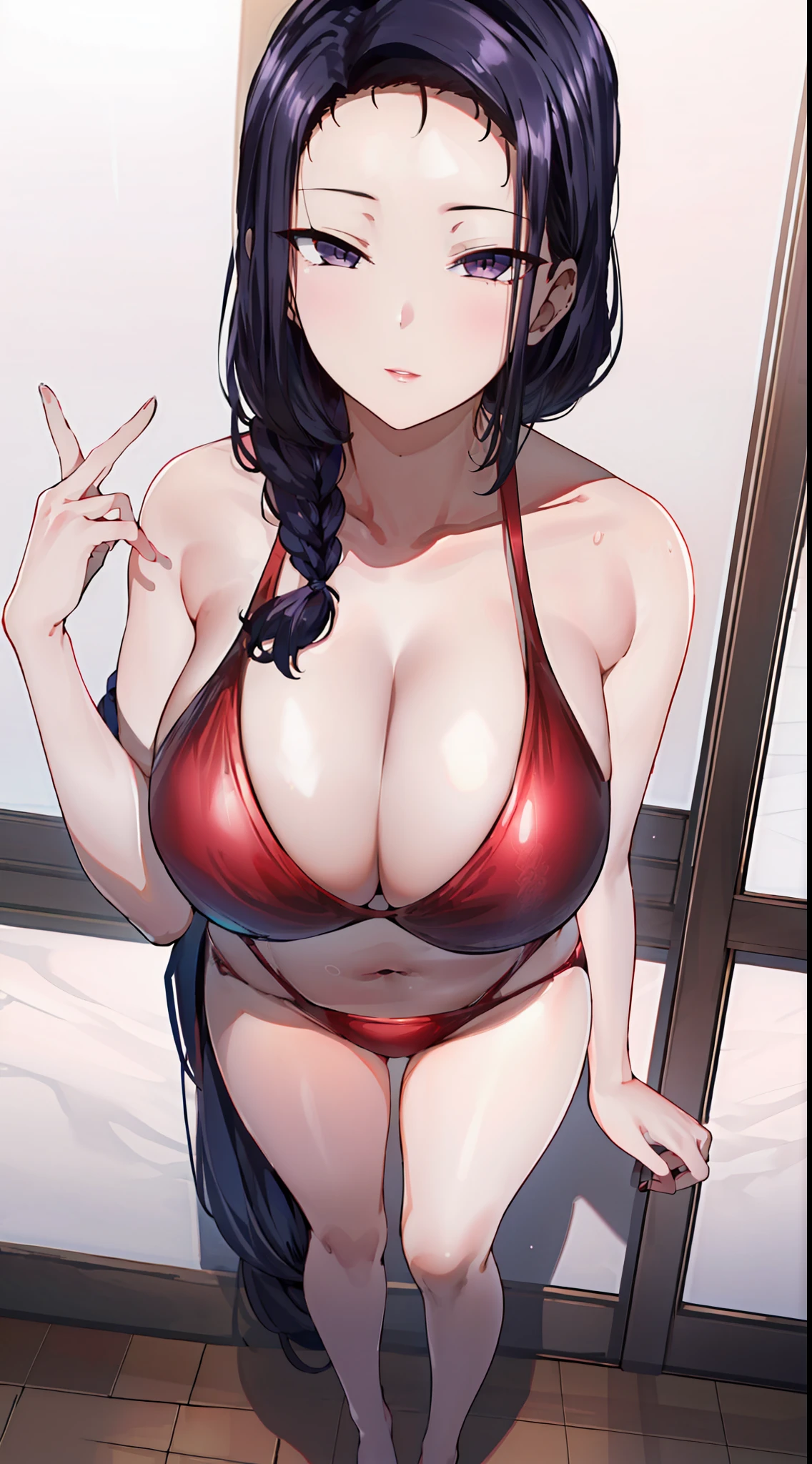 (Night:1.7), white only background, standing at attention,
(red_swimsuit:1.3),cleavage,
black_hair, long_hair, hair_pulled_back,parted_lips,purple_eyes, braid,
1 girl, 24yo,mature female,Beautiful Finger,Beautiful long legs,Beautiful body,Beautiful Nose,Beautiful character design, perfect eyes, perfect face,
looking at viewer, in the center of the image,
NSFW,official art,extremely detailed CG unity 8k wallpaper, perfect lighting,Colorful, Bright_Front_face_Lighting,
(masterpiece:1.0),(best_quality:1.0), ultra high res,4K,ultra-detailed,
photography, 8K, HDR, highres, absurdres:1.2, Kodak portra 400, film grain, blurry background, bokeh:1.2, lens flare, (vibrant_color:1.2)
(Beautiful,large_Breasts:1.4), (beautiful_face:1.5),(narrow_waist), full body shot