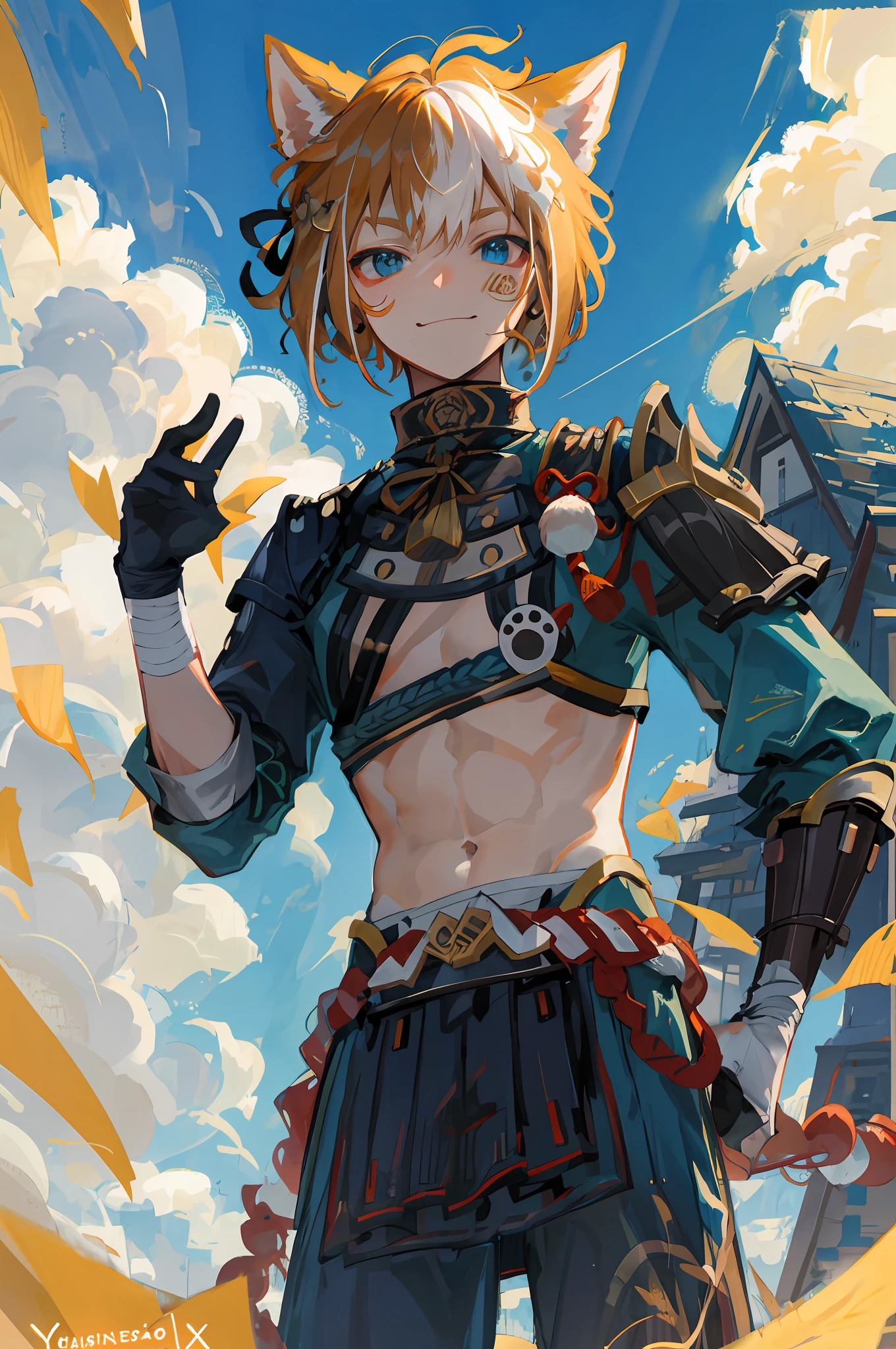 tmasterpiece，best qualityer，gorou（the original god），younge boy，1boy，malefocus，Animal ear，独奏，ssmile，Keep one's mouth shut，O cabelo multicolorido，brown  hair，Dog boy，White hair，nipple tassels，Dog ears，Armour，Striped hair，By bangs，（greybackground:1.4),(kbxll:0.6)