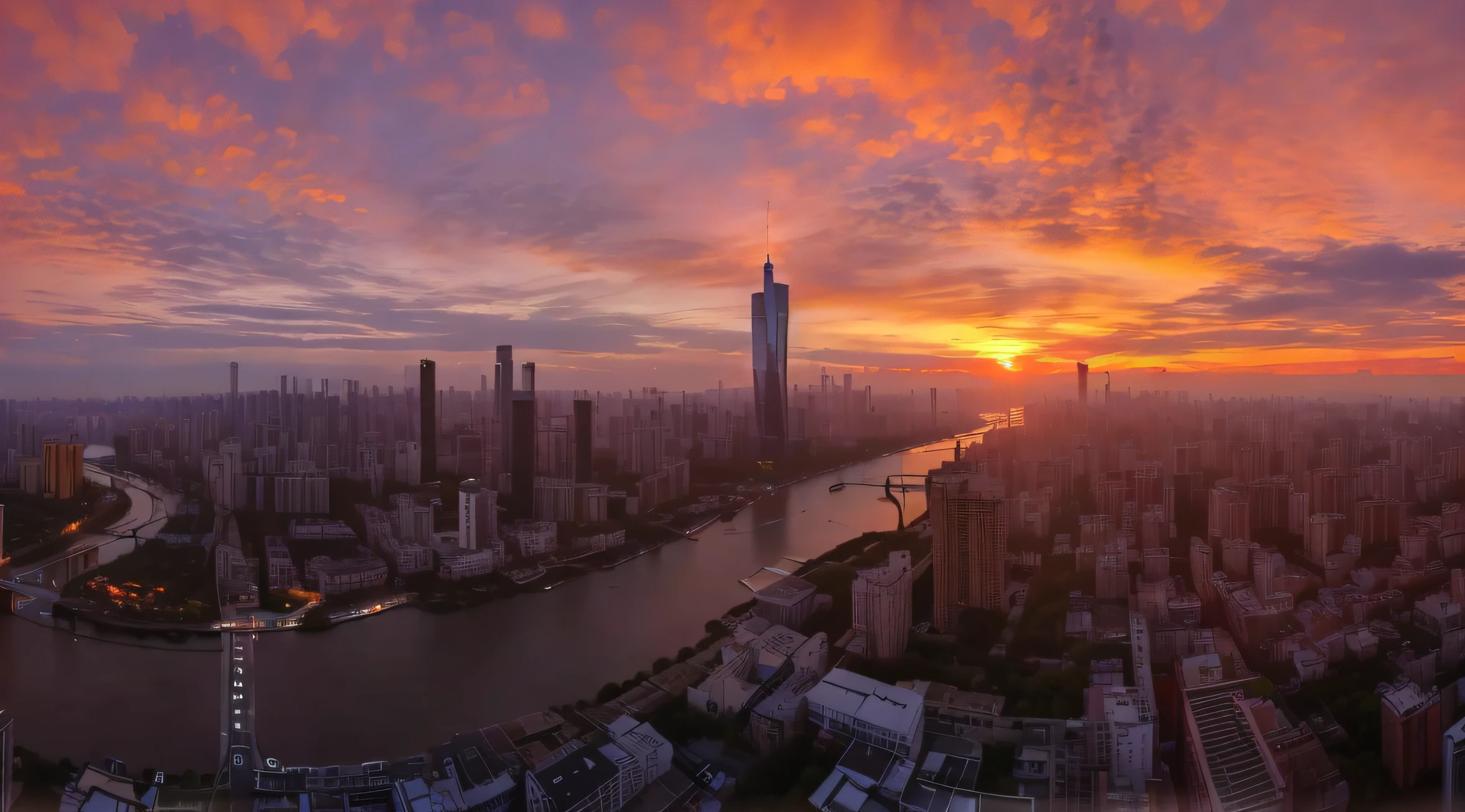 (City with high-rises, spectacular view:1.2, river winding through the city, brilliant sunrise:1.3), smoggy, autumn color, (Guangzhou downtown: 1.2), wide format, HD quality, radioactive bright, continuous lens: 2.1)