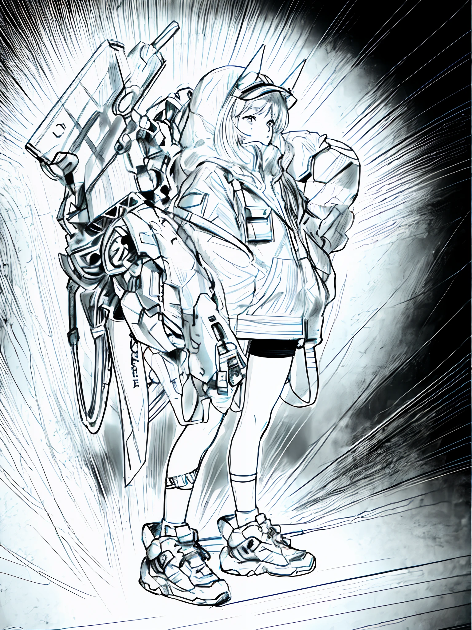Painting of a woman with a gun and a backpack, heavy lineart, detailed full-body concept, Line sketch, Line sketch!!, hyper detailed line art, line work concept art, highly detailed sketch, Line art!!, Inspired by Masamune Shirow, lineart behance hd, mechanized soldier girl, heavy outline, perfect lineart